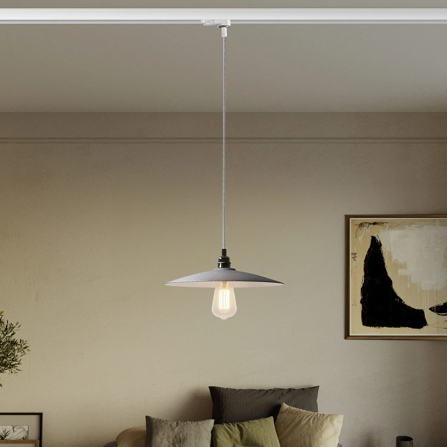 Pendant lamp with flat ceramic lampshade for tracks – Concrete effect - Image 2