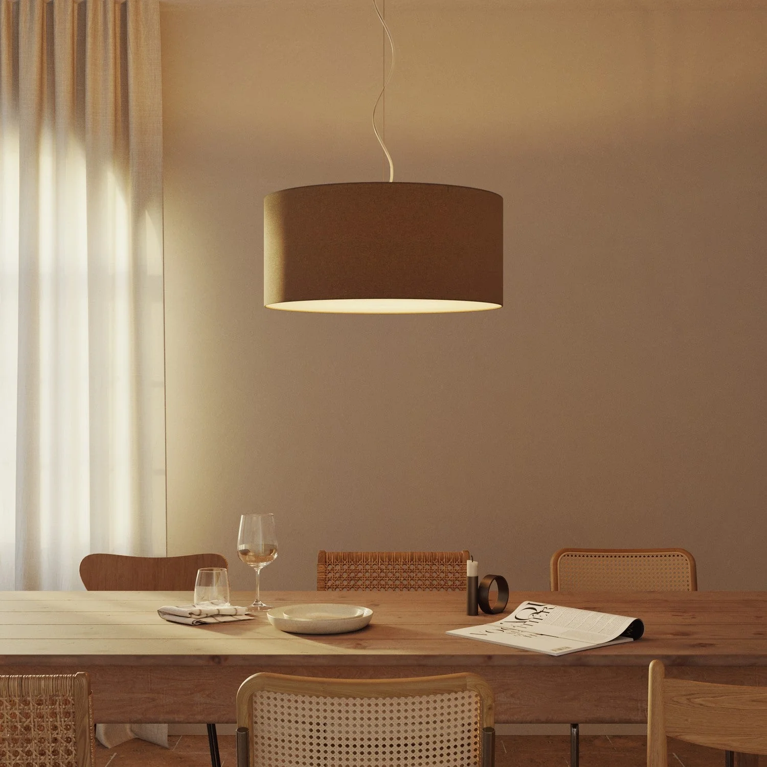 Pendant lamp with Large Cylinder Fabric Lampshade - Made in Italy - Brown Wool - Image 8