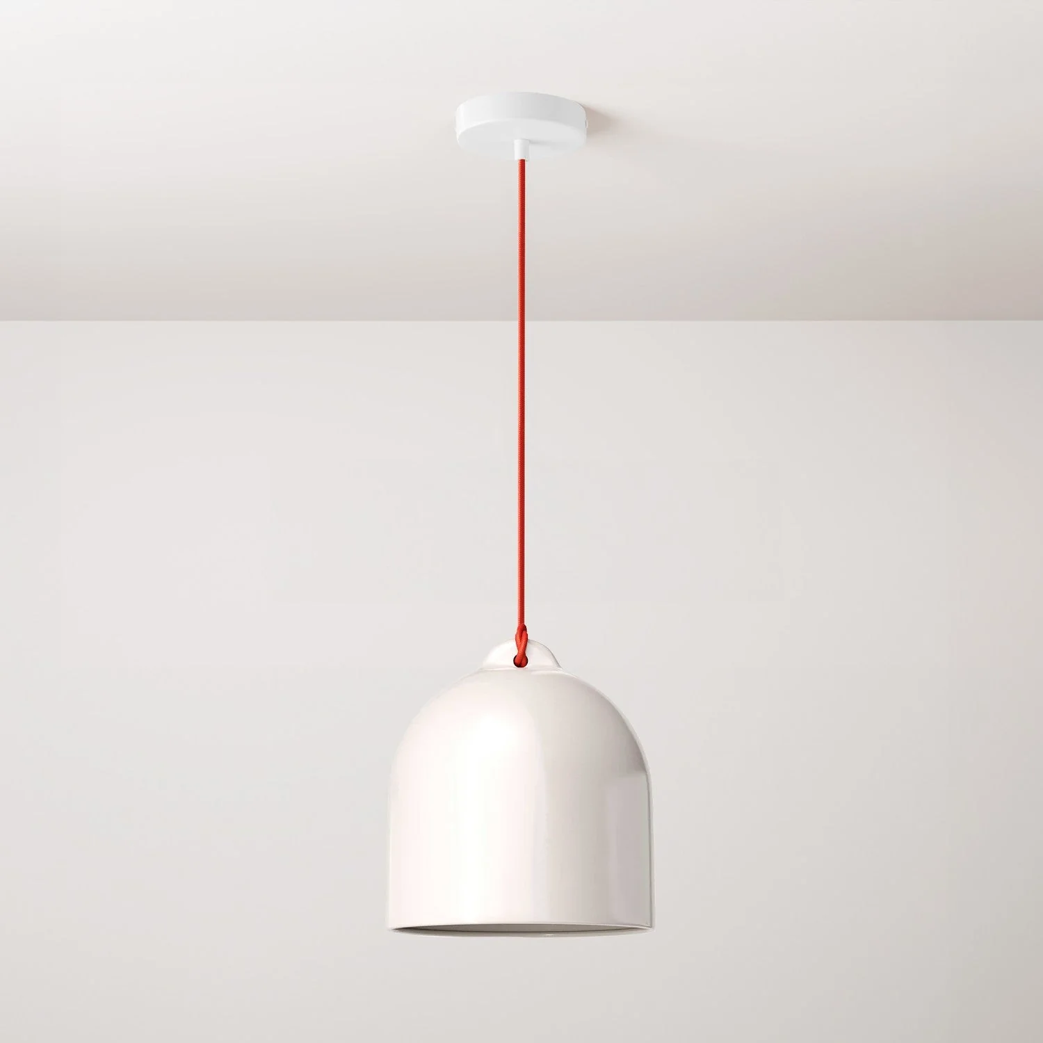 Pendant lamp with textile cable and Bell M ceramic lampshade - Glossy white