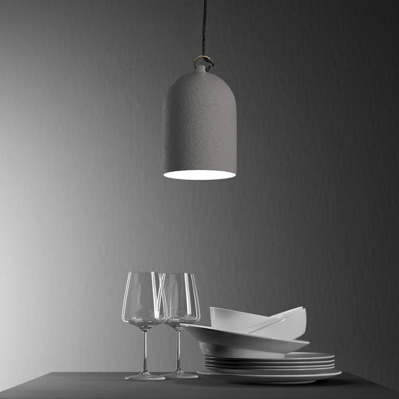 Pendant lamp with textile cable and Mini Bell XS ceramic lampshade - Cement effect - Image 3