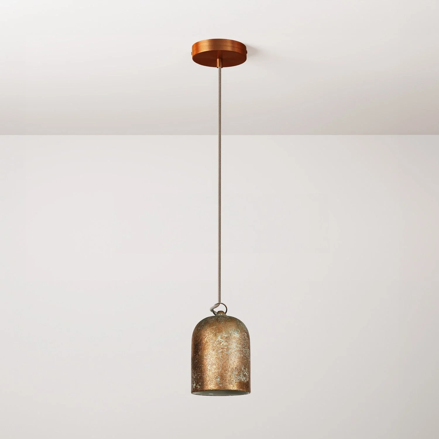 Pendant lamp with fabric cable and Mini Bell XS ceramic lampshade - Copper green effect