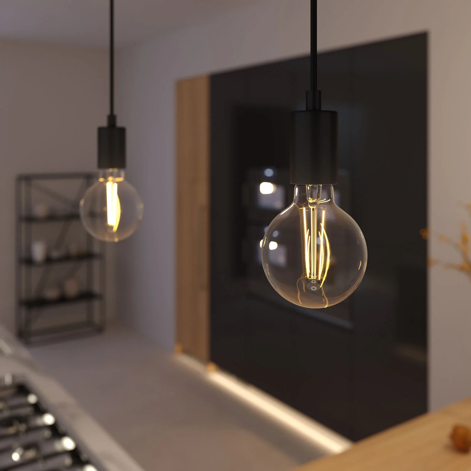 Pendant lamp with textile cable and monochrome metal details - Black - Image 2