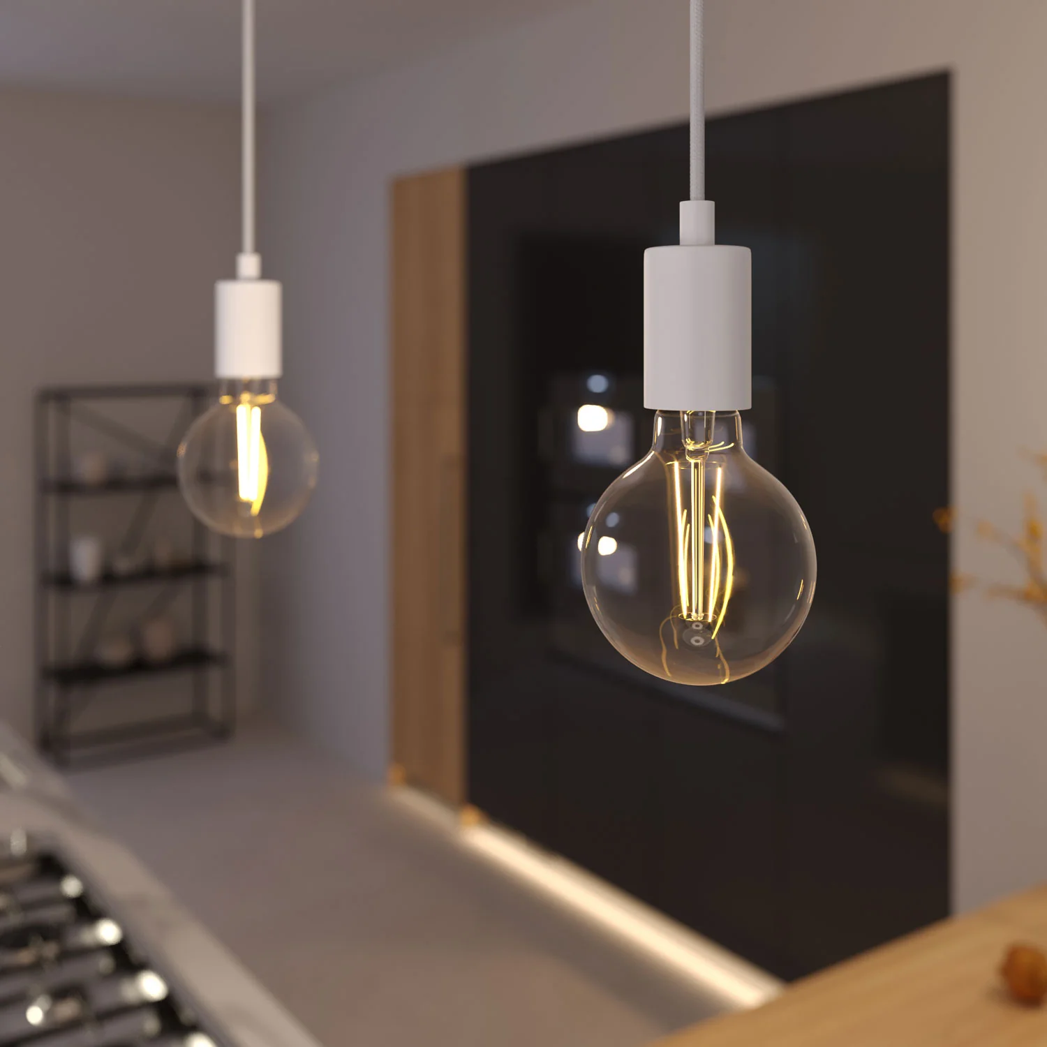 Pendant lamp with textile cable and monochrome metal details - White - Image 2
