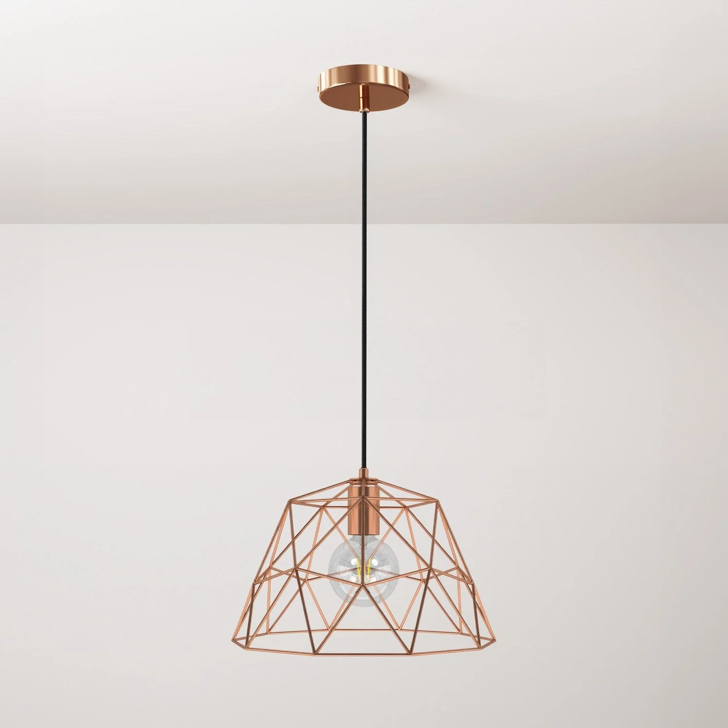 Pendant lamp with textile cable, dome lampshade and metal details - Copper
