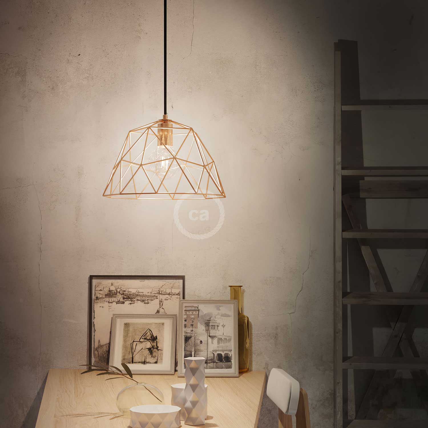 Pendant lamp with textile cable, dome lampshade and metal details - Copper - Image 2