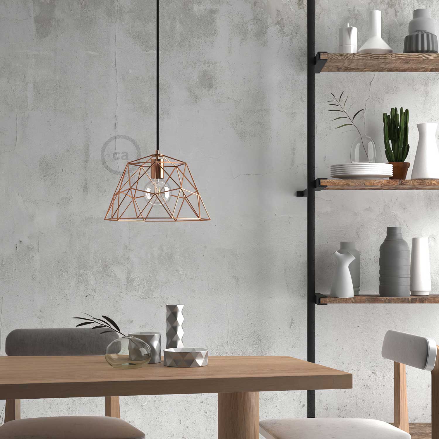 Pendant lamp with textile cable, dome lampshade and metal details - Copper - Image 3