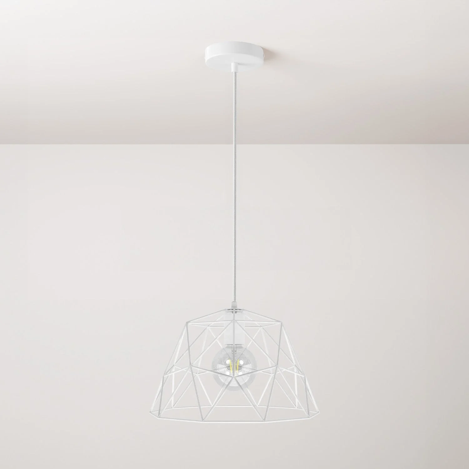 Pendant lamp with textile cable, dome lampshade and metal details - White