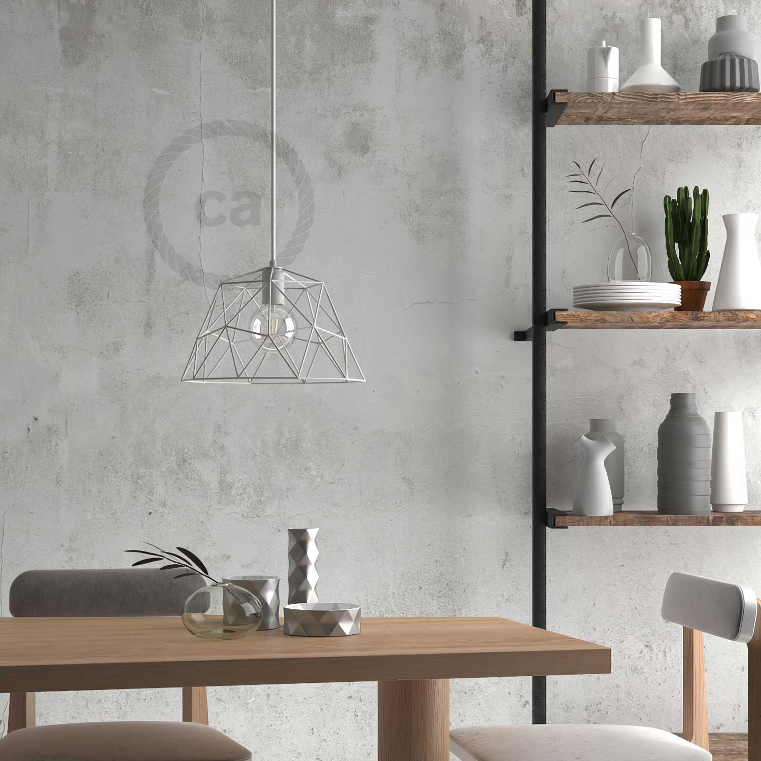 Pendant lamp with textile cable, dome lampshade and metal details - White - Image 3