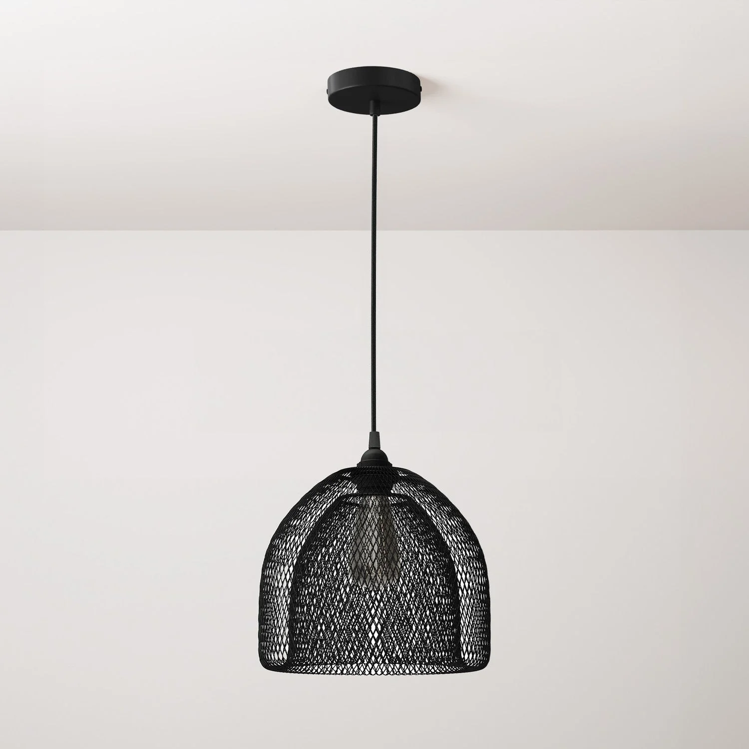 Pendant lamp complete with fabric cable, Ghostbell XL cage lampshade and metal finishes - Black