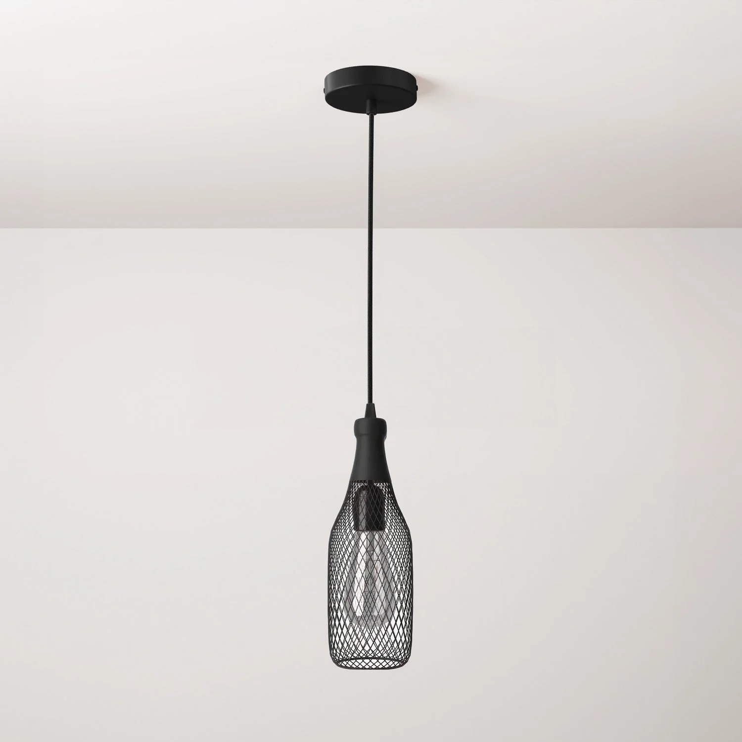 Complete pendant lamp with fabric cable, Magnum bottle lampshade and metal finishes – Black
