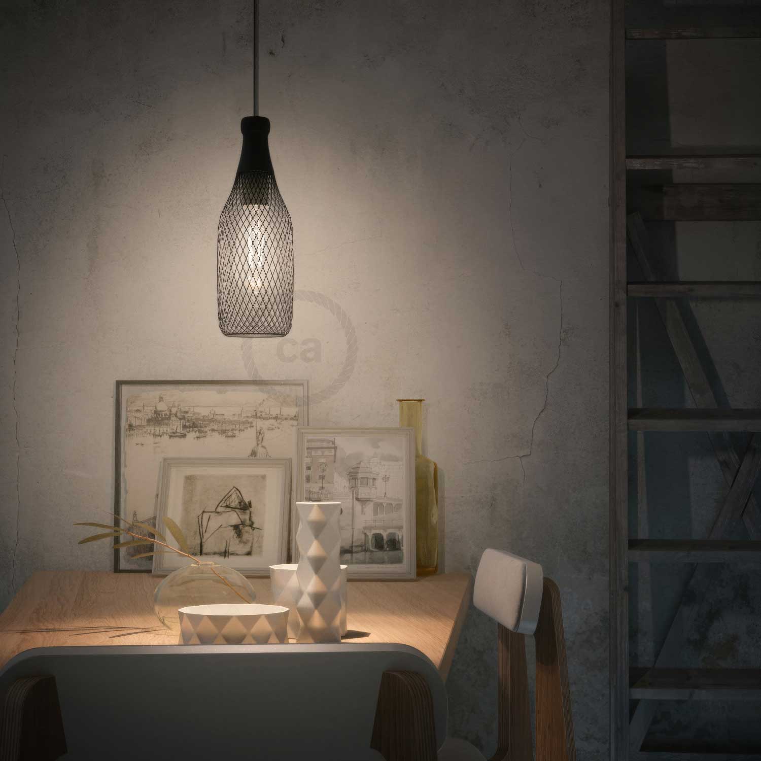 Pendant lamp with fabric cable, Magnum bottle lampshade, and metal details - Black - Image 2