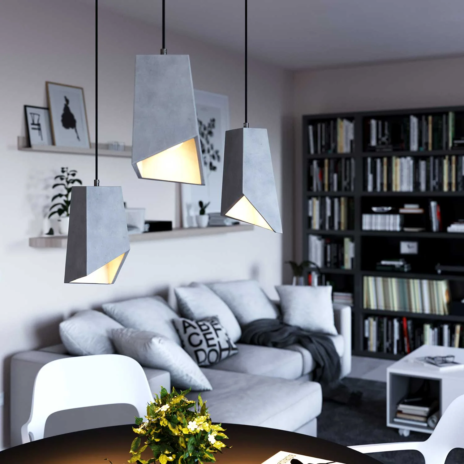 Pendant lamp with textile cable, Prisma cement lampshade and metal finishes - Light cement - Image 2