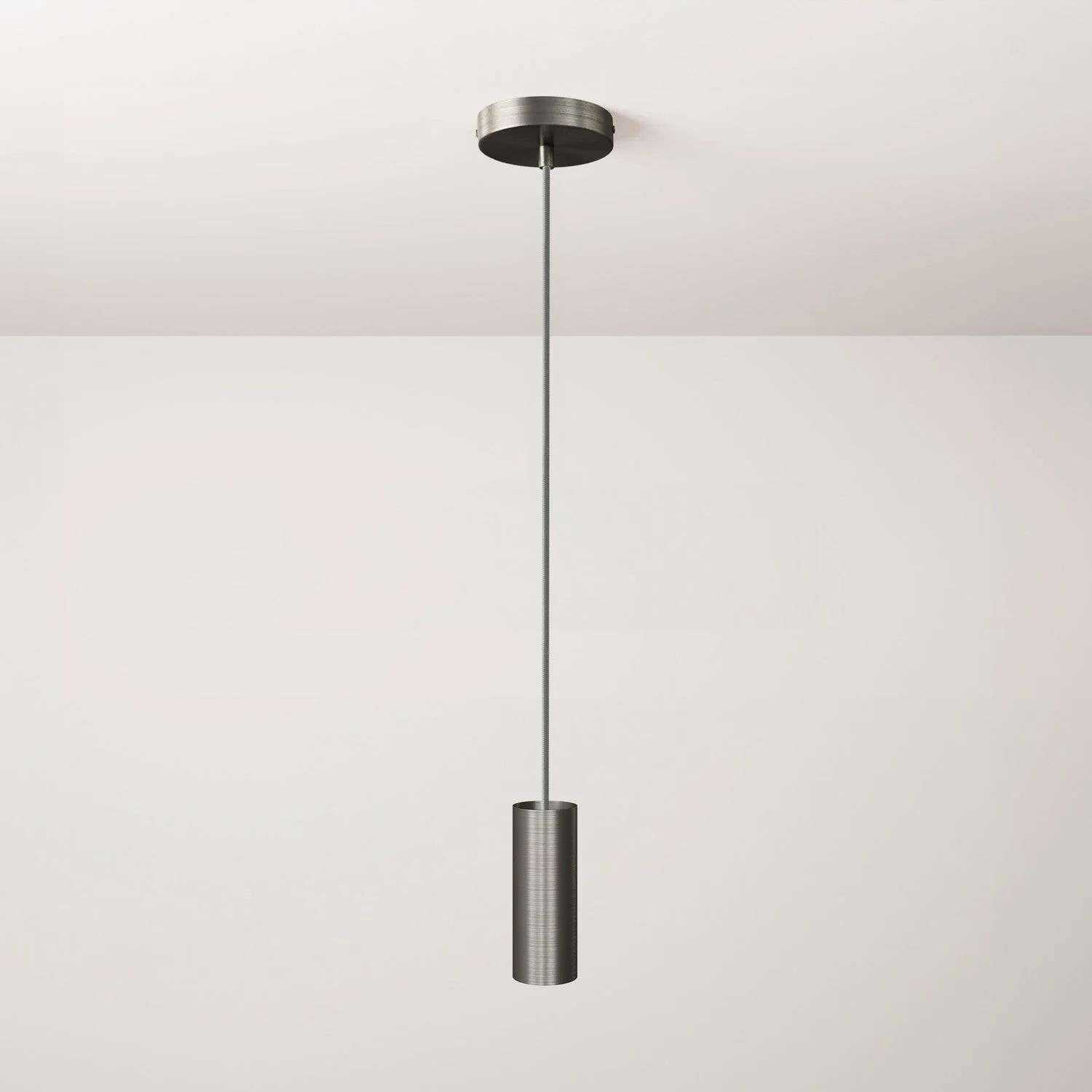 Pendant lamp with fabric cable, Tub-E12 lampshade and metal details - Brushed titanium