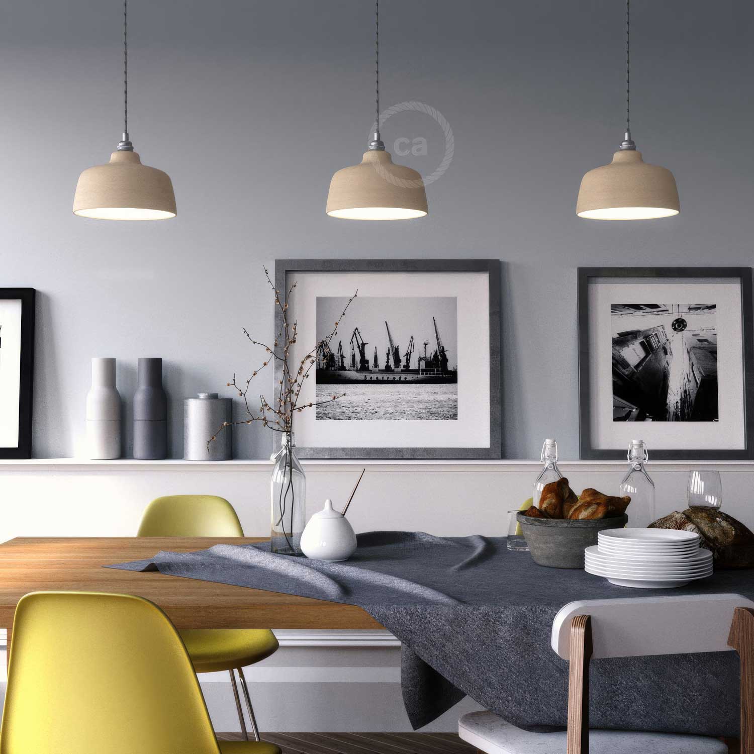 Pendant lamp complete with fabric cable, Coppa ceramic lampshade and metal finishes - Striated Dove Grey - Image 3