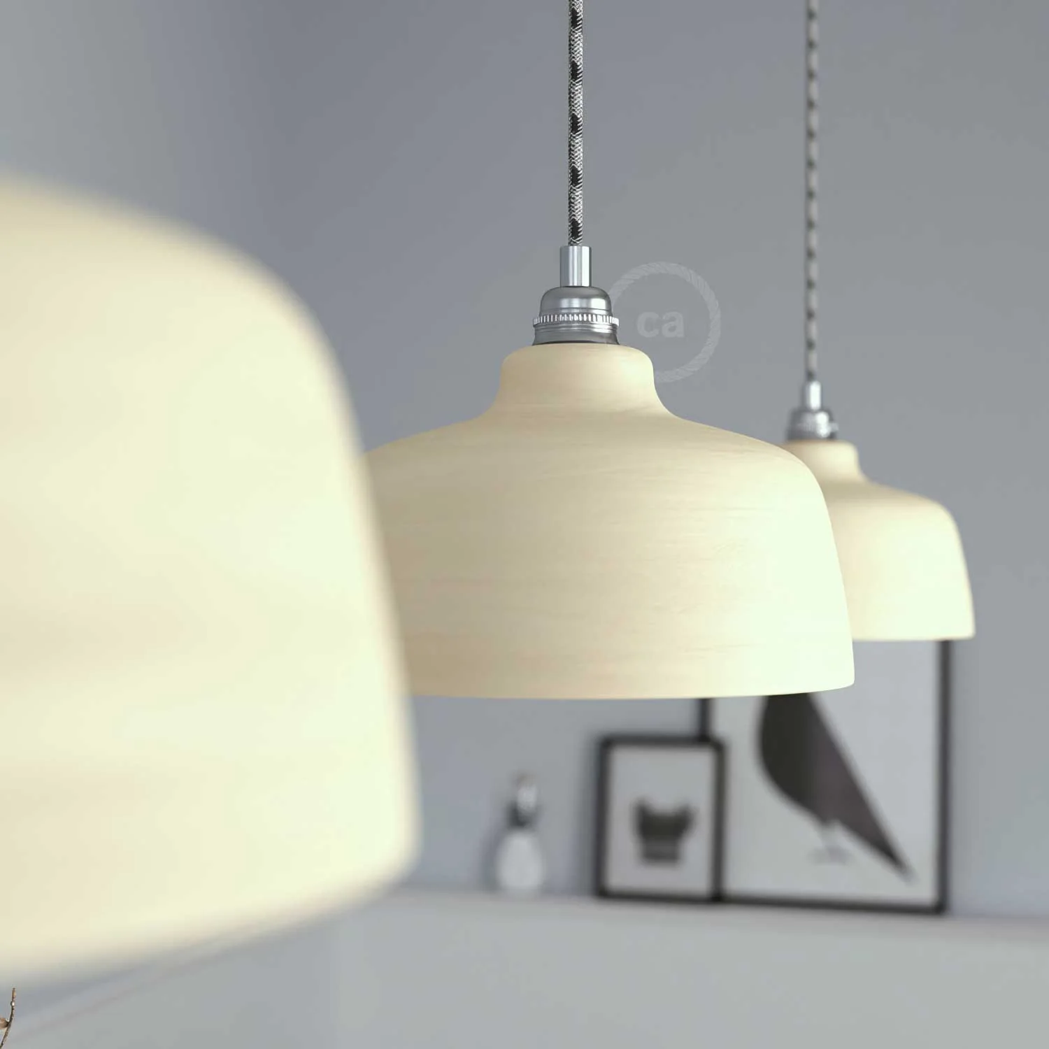 Pendant lamp complete with fabric cable, Coppa ceramic lampshade and metal finishes - Striated Dove Grey - Image 4