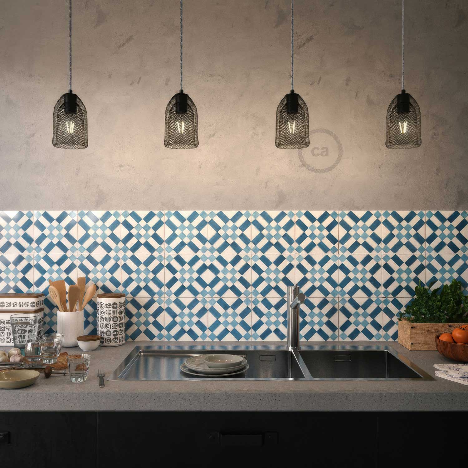 Suspension lamp complete with fabric cable, Ghostbell lampshade and metal finishes - Black - Image 2