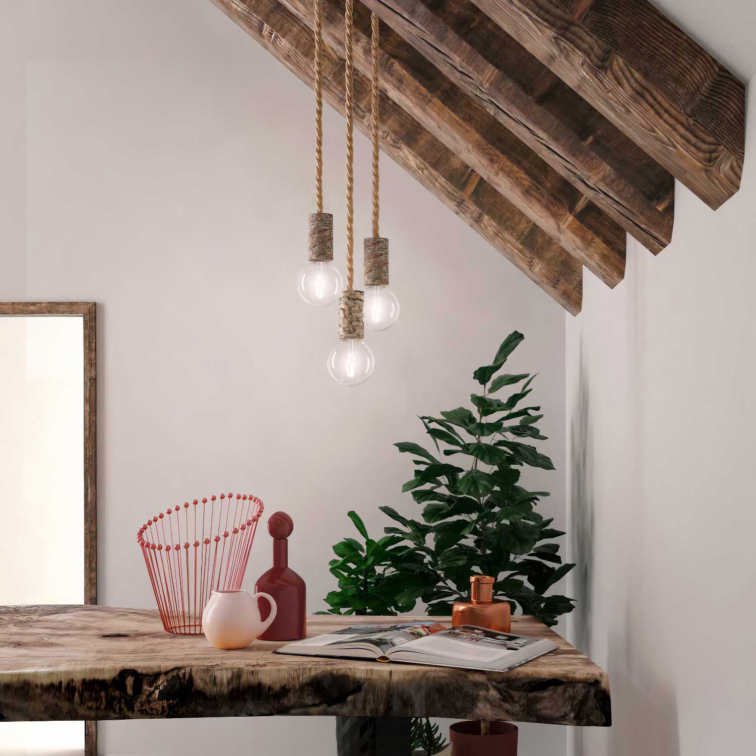 Pendant lamp complete with XL nautical cord and Small Bark lamp holder - Bark - Image 3