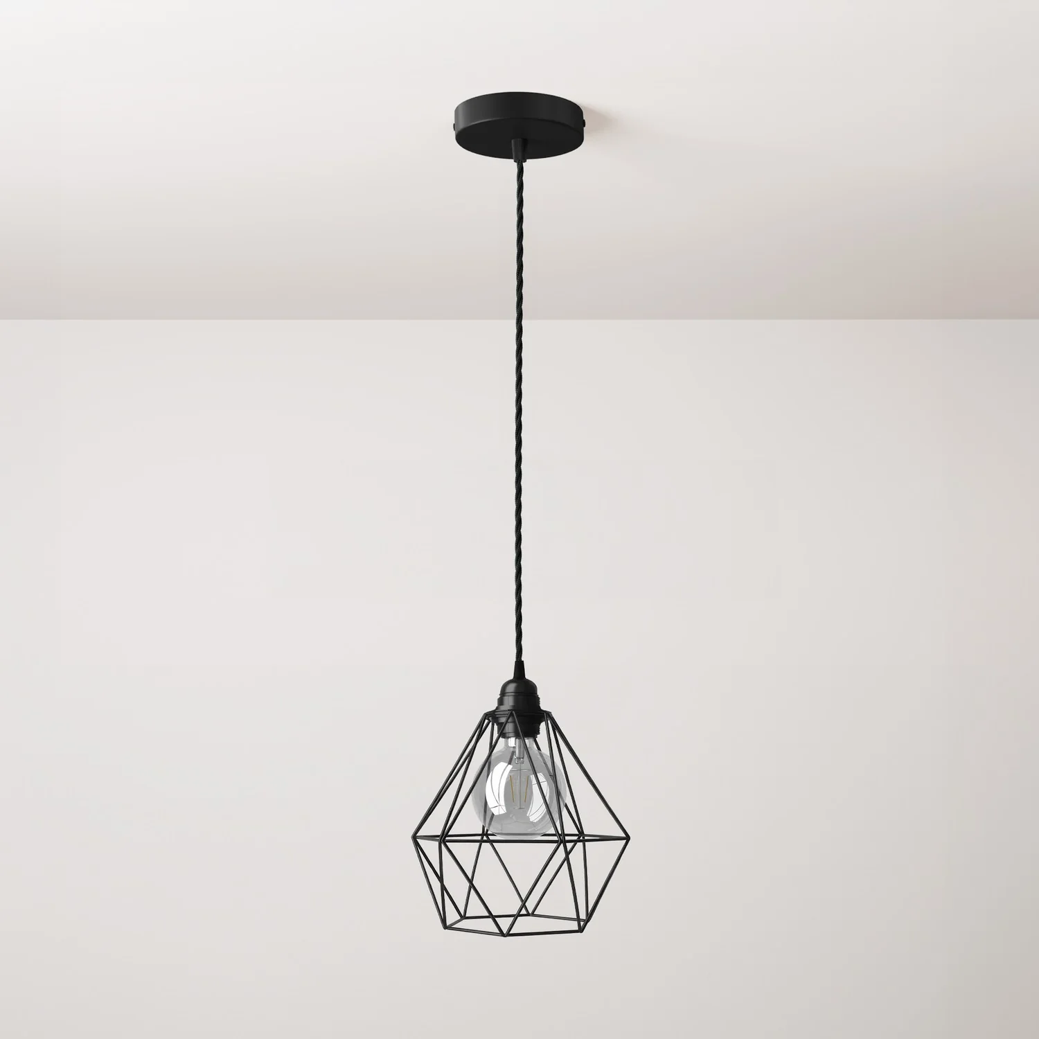 Pendant lamp complete with fabric cable, Diamond cage lampshade and metal finishes - Black