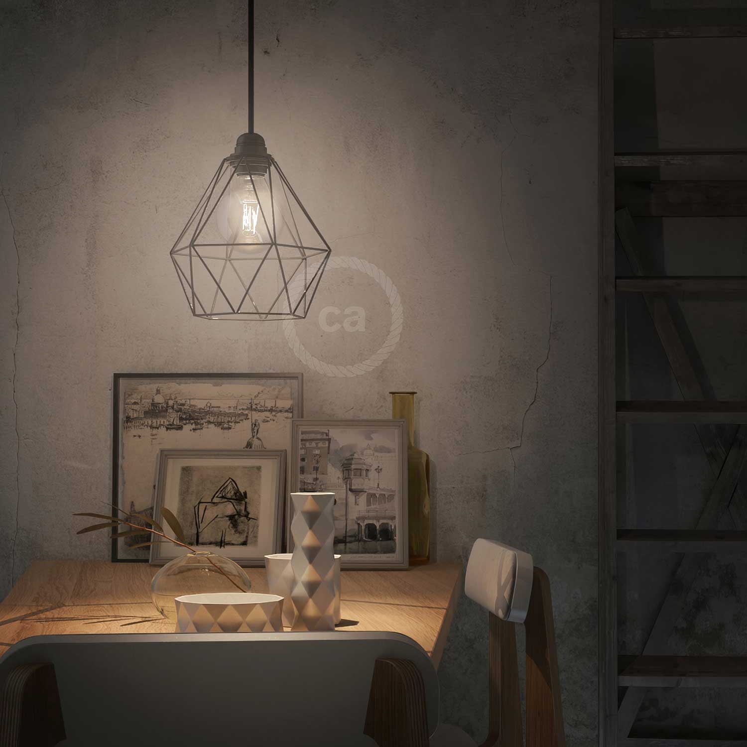 Pendant lamp complete with fabric cable, Diamond cage lampshade and metal finishes - Black - Image 2