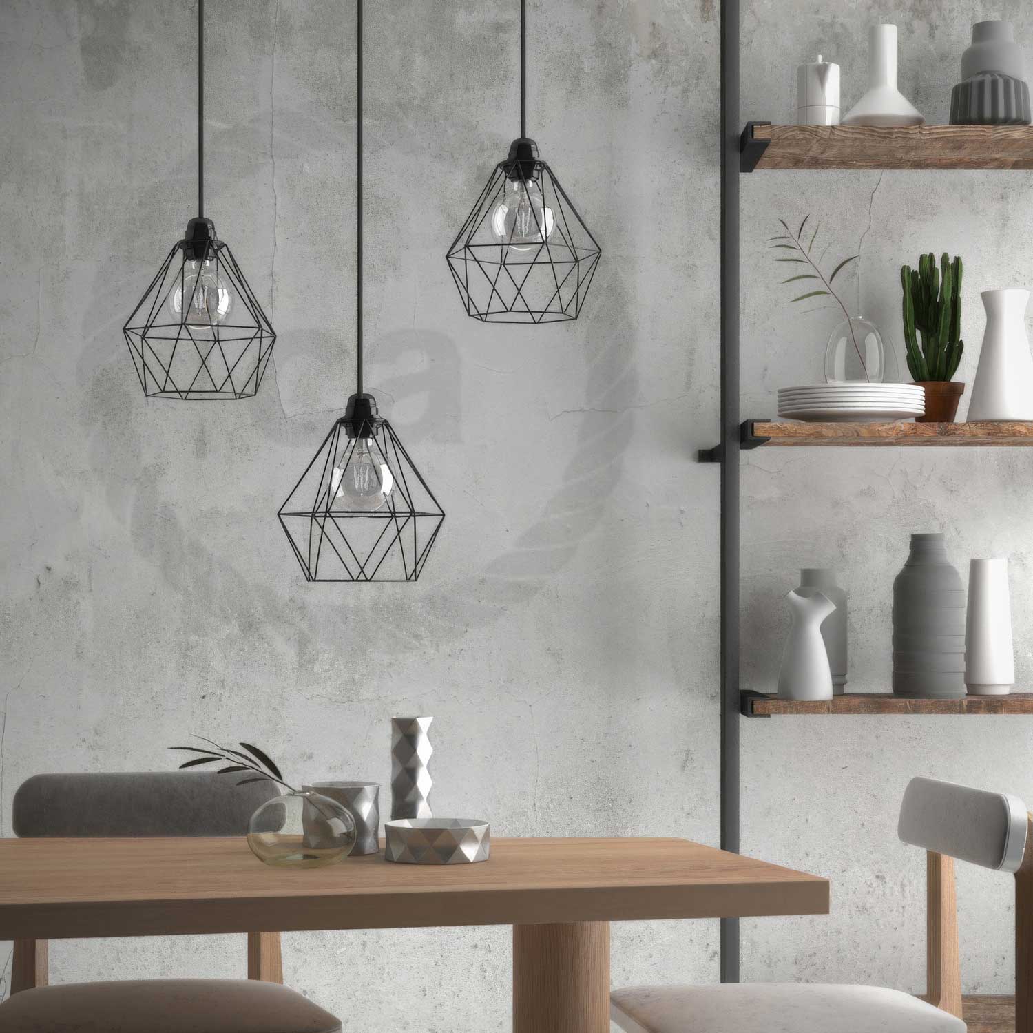 Pendant lamp complete with fabric cable, Diamond cage lampshade and metal finishes - Black - Image 3