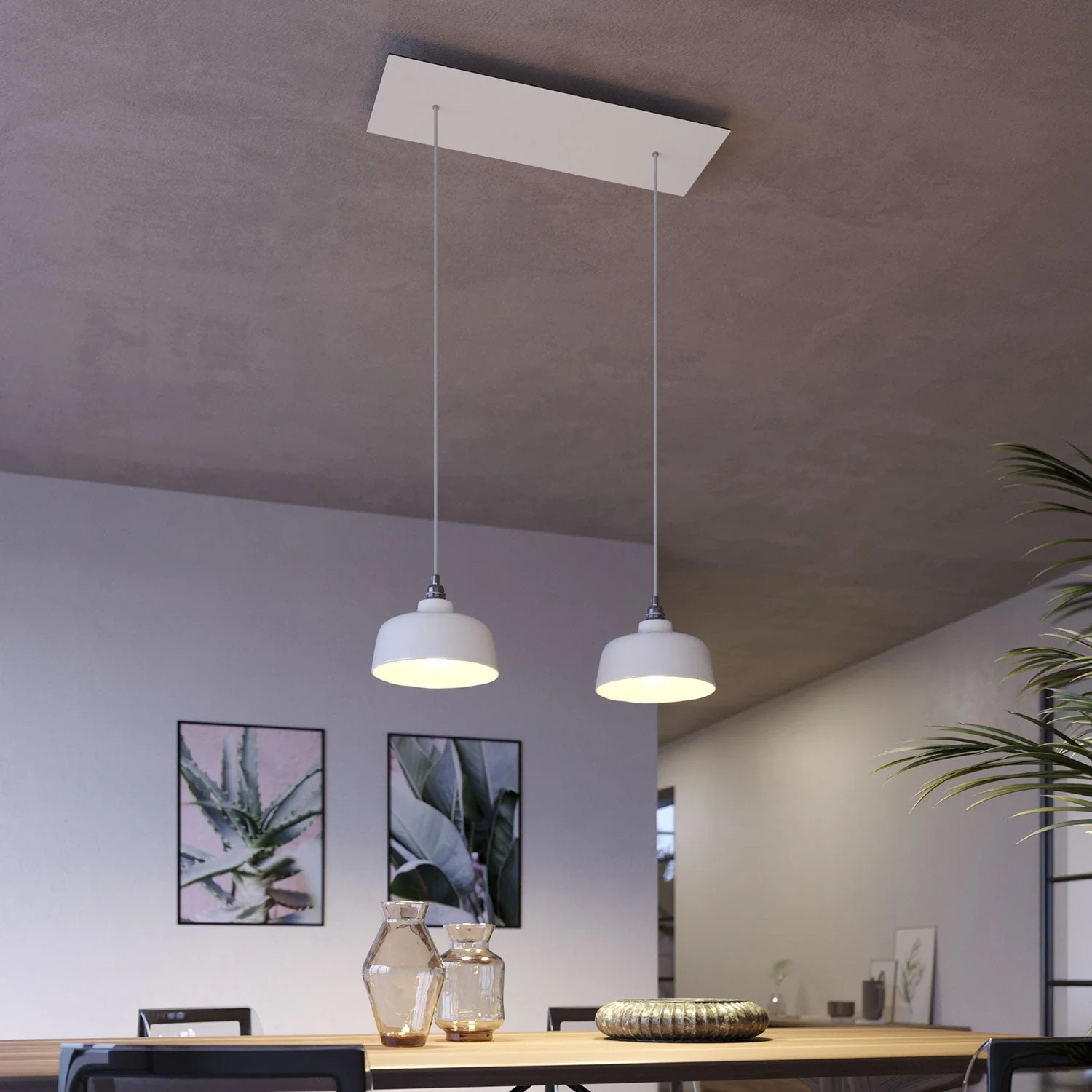2-drop pendant lamp with XXL Rose-One rectangular 675 mm and Coppa lampshade - Matt white - Image 2