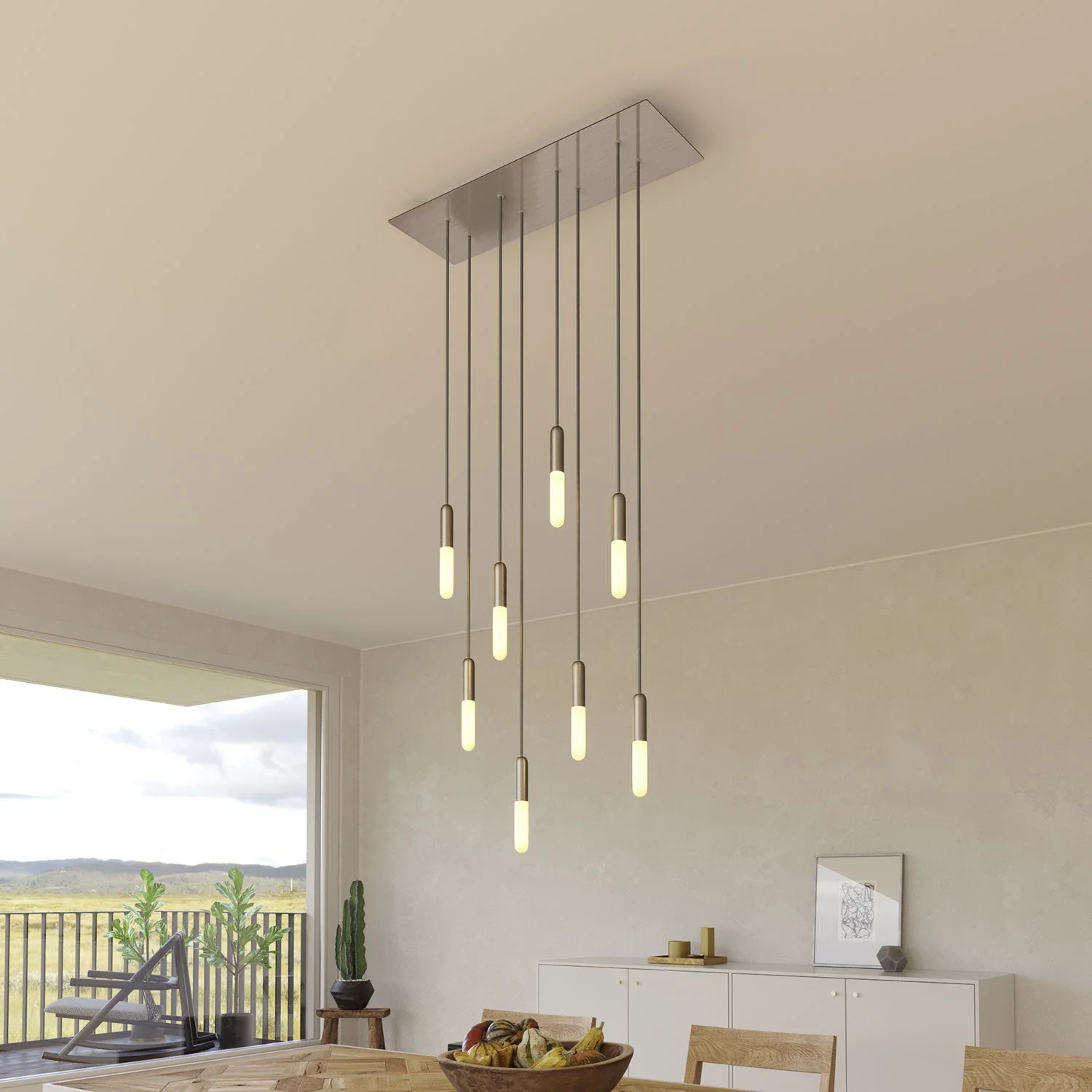8-drop pendant lamp with XXL Rose-One rectangular 675 mm with metal finishes - Satin steel - Image 2
