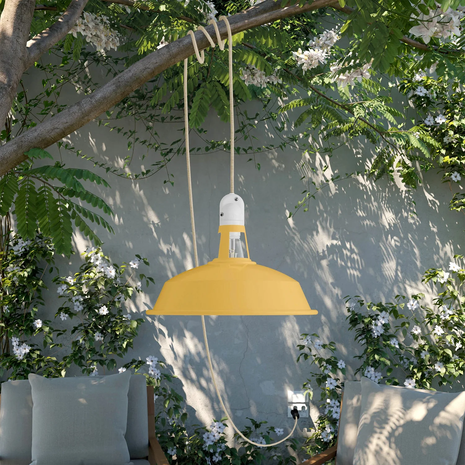 Portable outdoor Snake lamp with Harbour lampshade, 5 m fabric cable, IP65 waterproof lamp holder - Mustard - Image 2