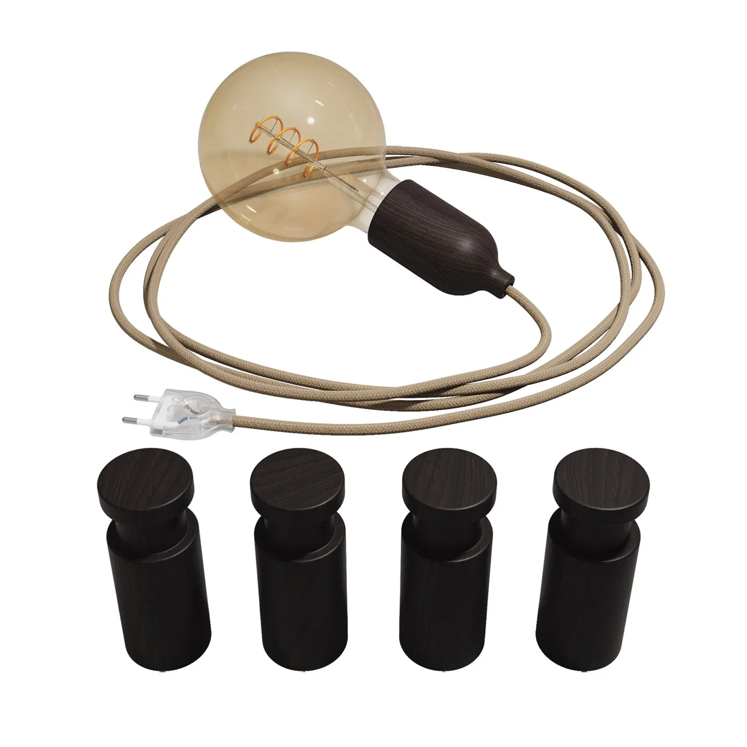 Portable Snake lamp with wooden lamp holder and plug, complete with 4 wooden Rolé cable guides - Wengé Effect - Image 3