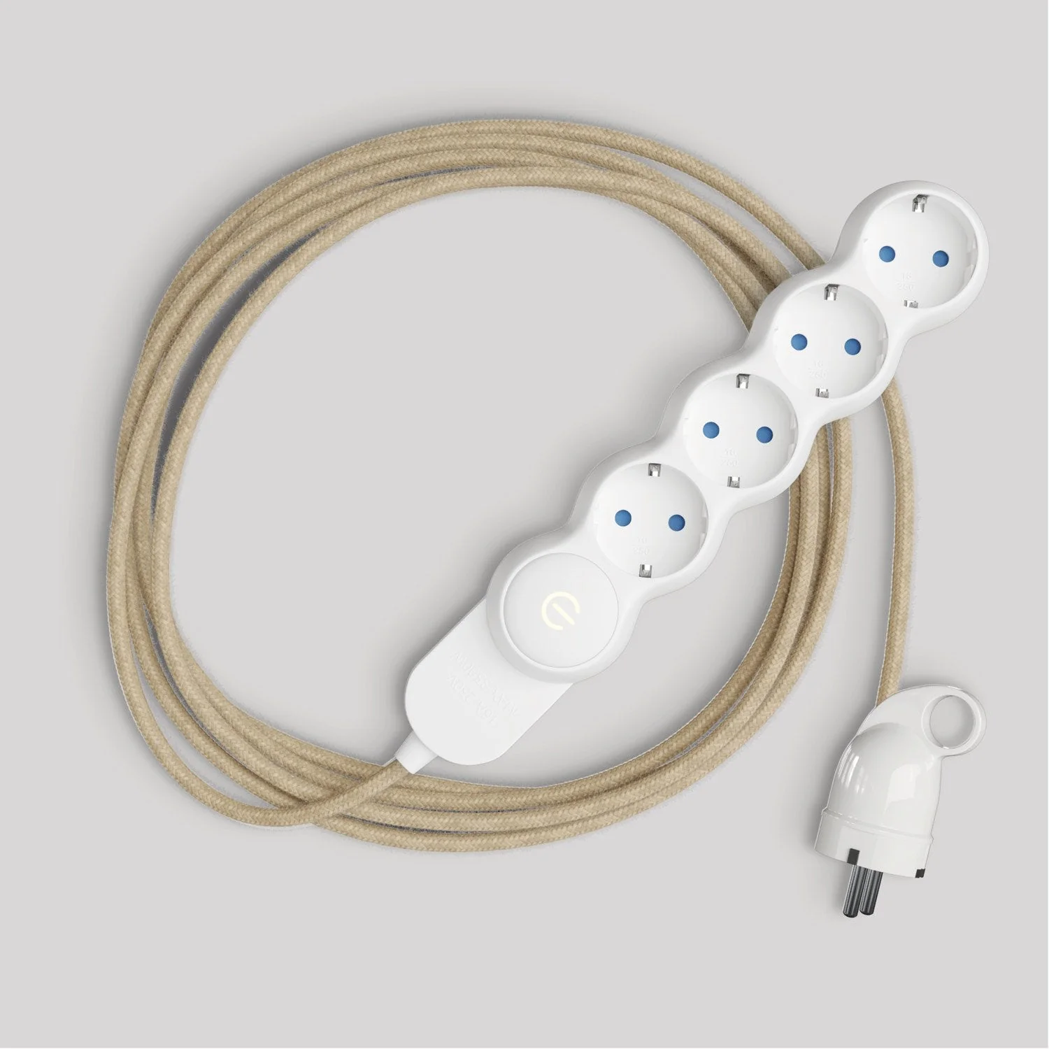 German multi-socket with neutral-coloured jute cable and Schuko plug with comfort ring