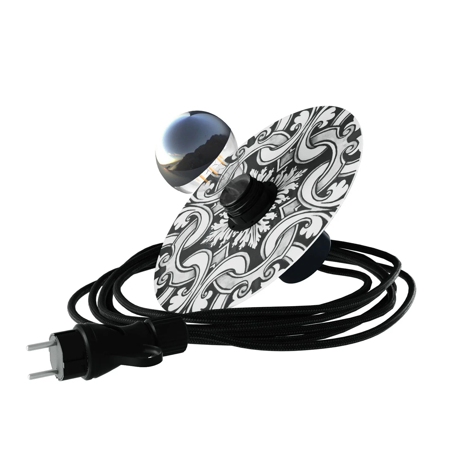 Snake Eiva with mini Piatto Ellepì 'Maioliche' Black and White lampshade, portable IP65 outdoor lamp with plug