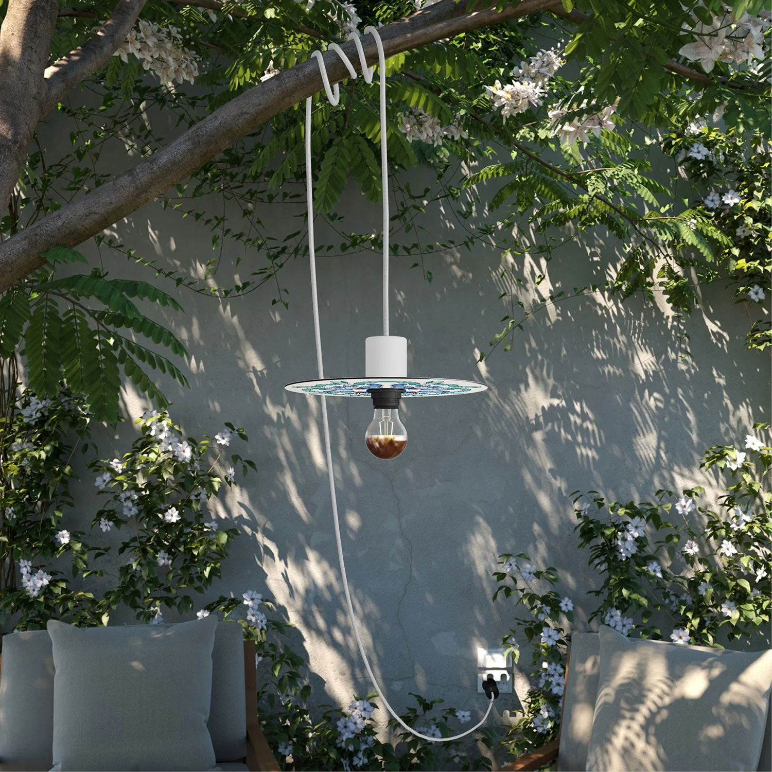 Snake Eiva with mini Piatto Ellepì 'Maioliche' Blue lampshade, portable outdoor IP65 lamp with UK plug - Image 2