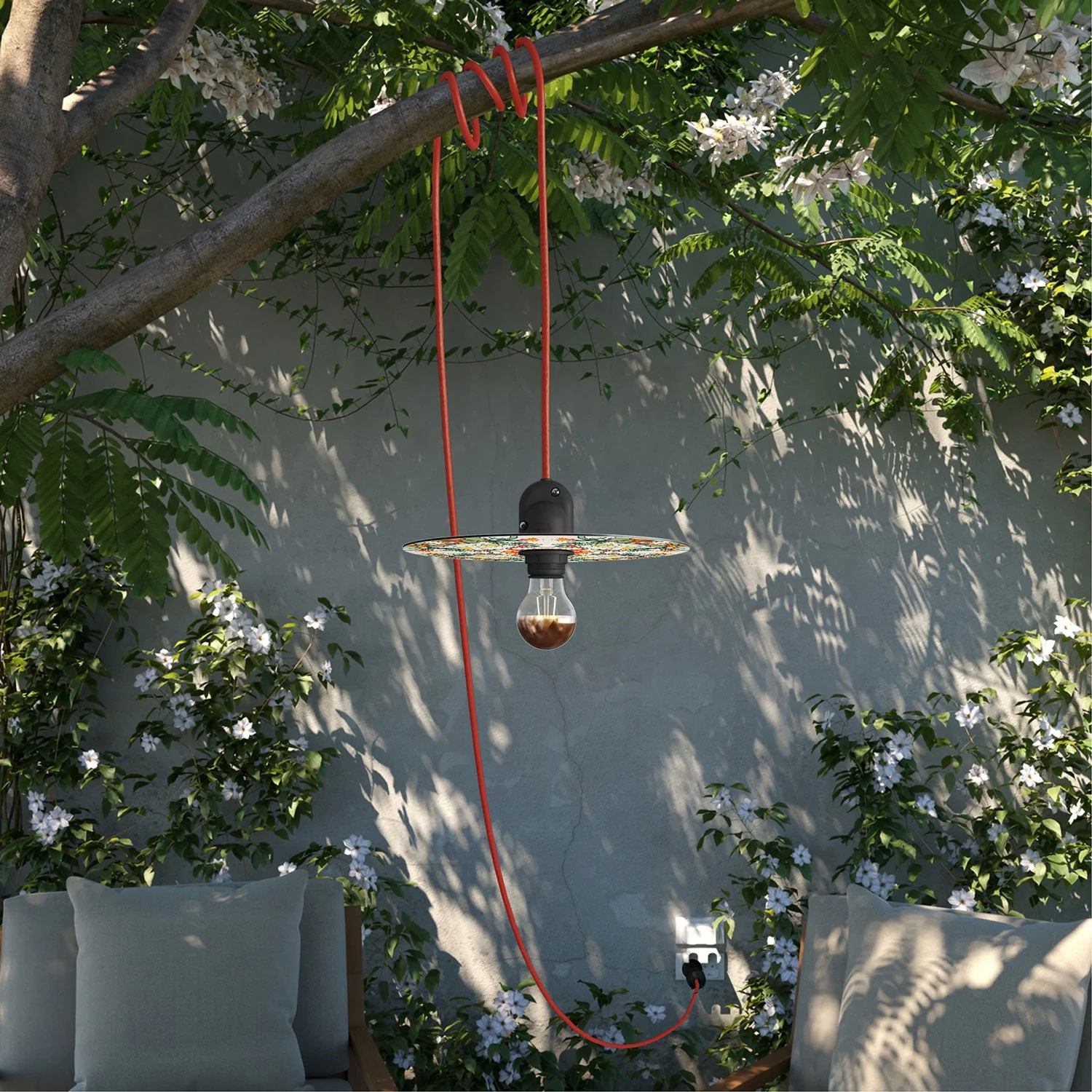 Snake Eiva with mini Ellepì 'Maioliche' Red and Green lampshade, portable IP65 outdoor lamp with plug - Image 2