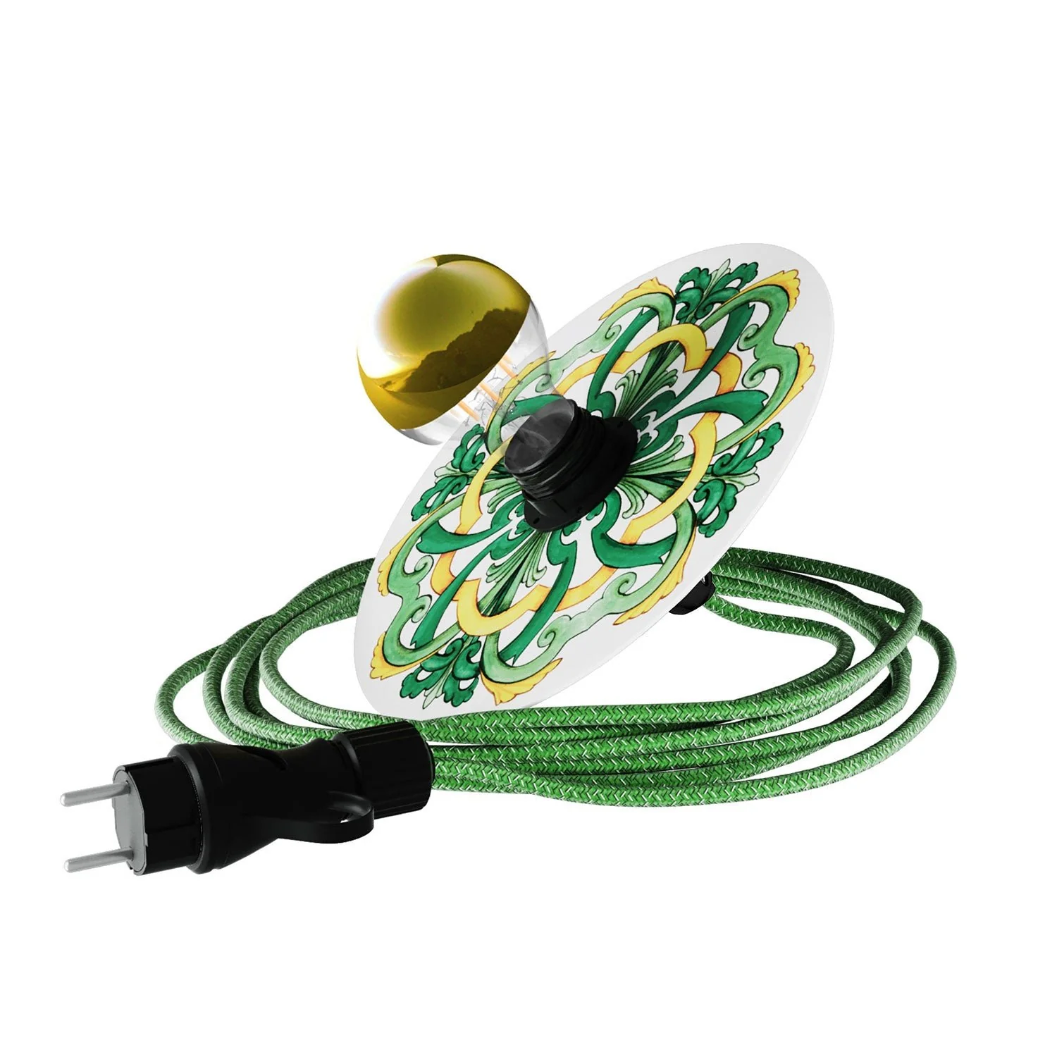 Snake Eiva with mini Ellepì 'Maioliche' Yellow and Green lampshade, portable IP65 outdoor lamp with plug