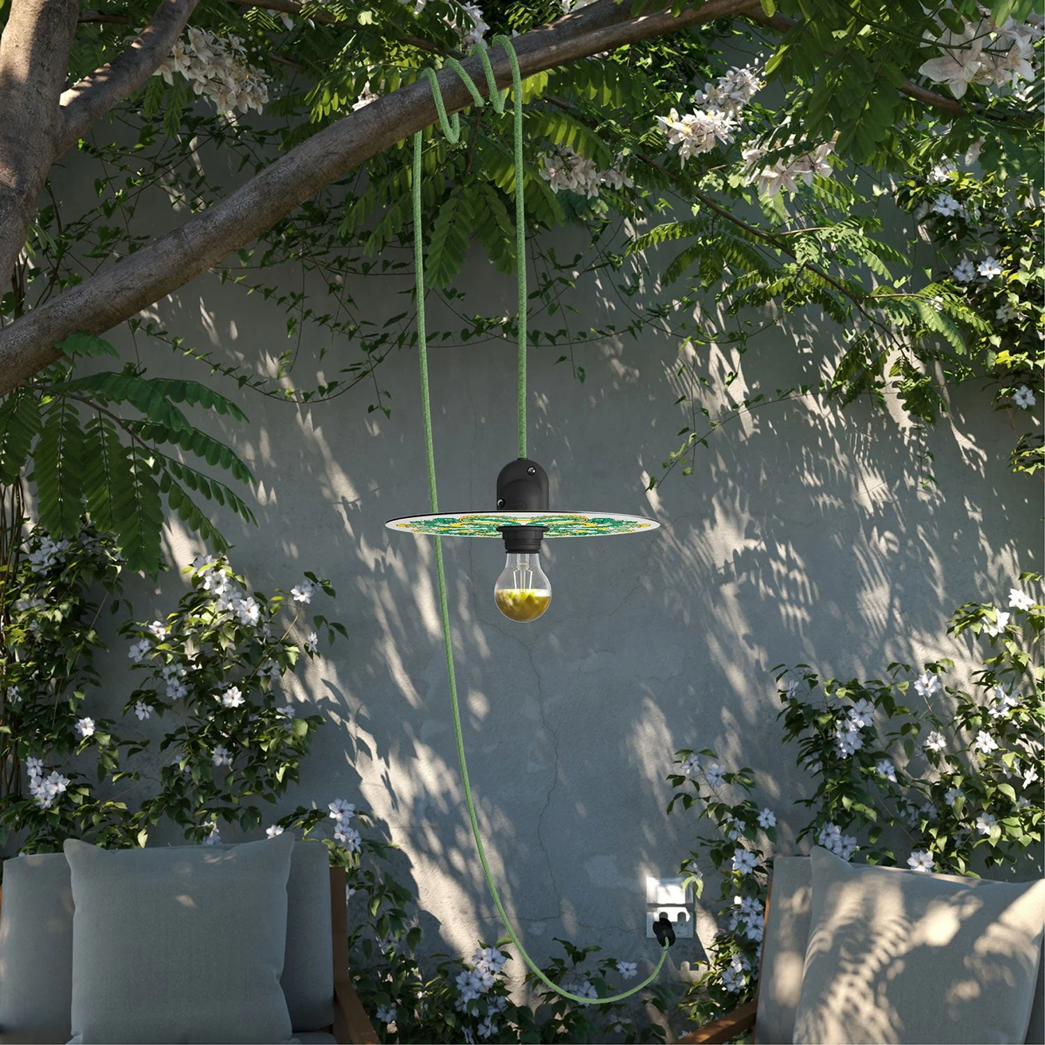 Snake Eiva with mini Ellepì 'Maioliche' Yellow and Green lampshade, portable IP65 outdoor lamp with plug - Image 2