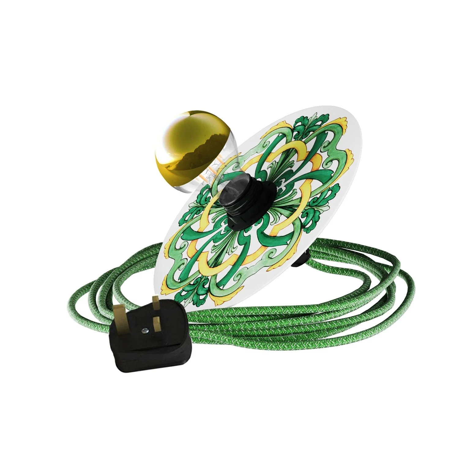 Snake Eiva with mini Flat Ellepì 'Maioliche' Yellow and Green lampshade, portable IP65 outdoor lamp with UK plug