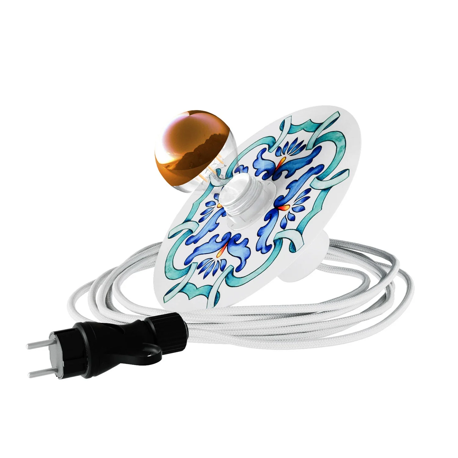 Snake Eiva with mini Ellepì 'Maioliche' Blue lampshade, portable IP65 outdoor lamp with plug