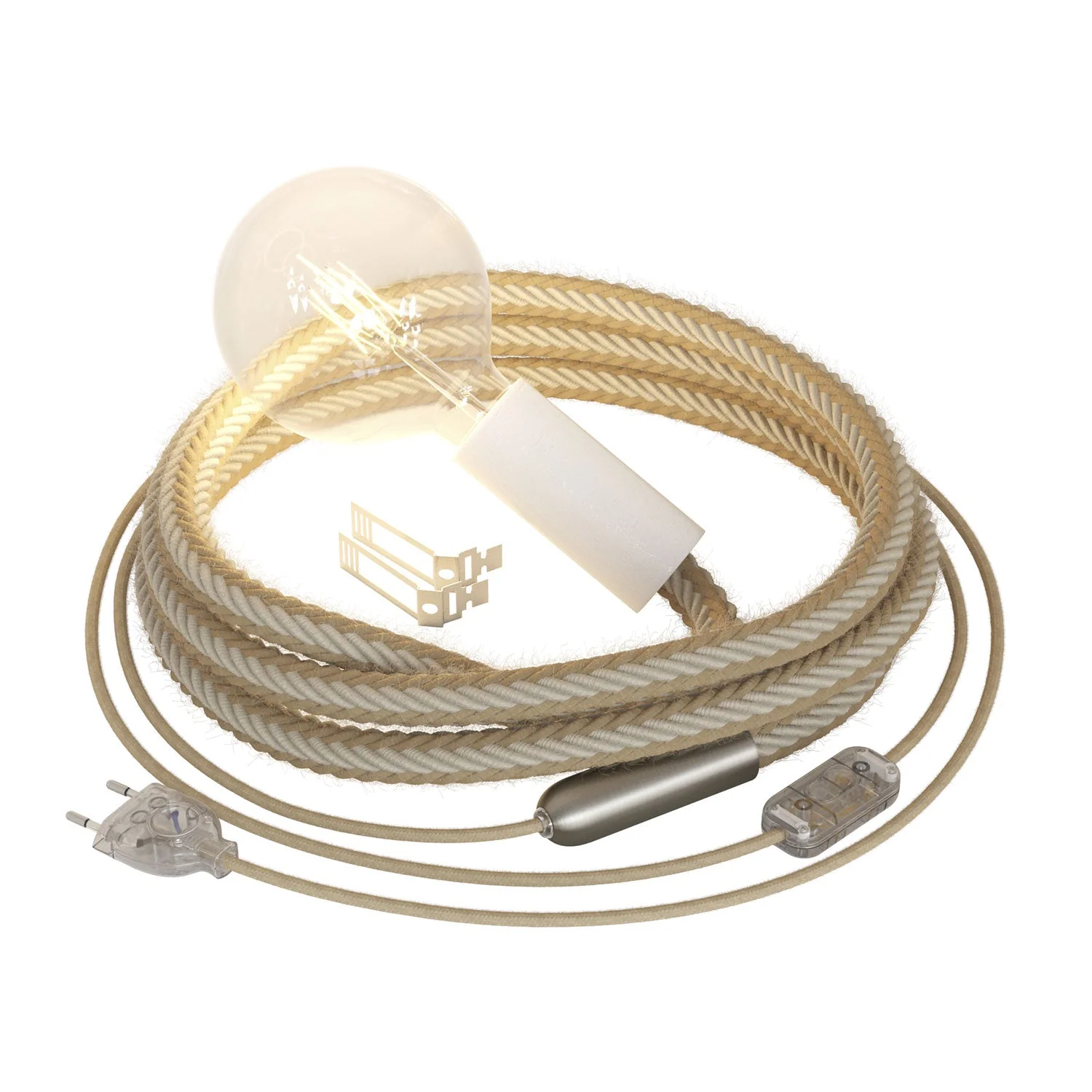 SnakeBis Rope – White plug-in lamp with braided jute cord
