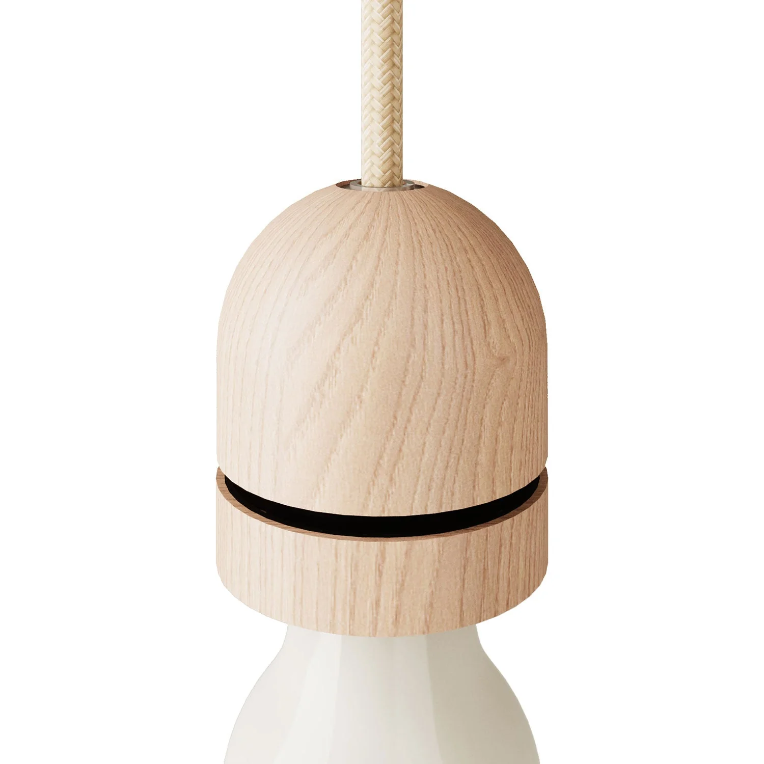 Threaded semi-spherical E27 lamp holder kit in wood with hidden cable clamp and lampshade ring - Neutral