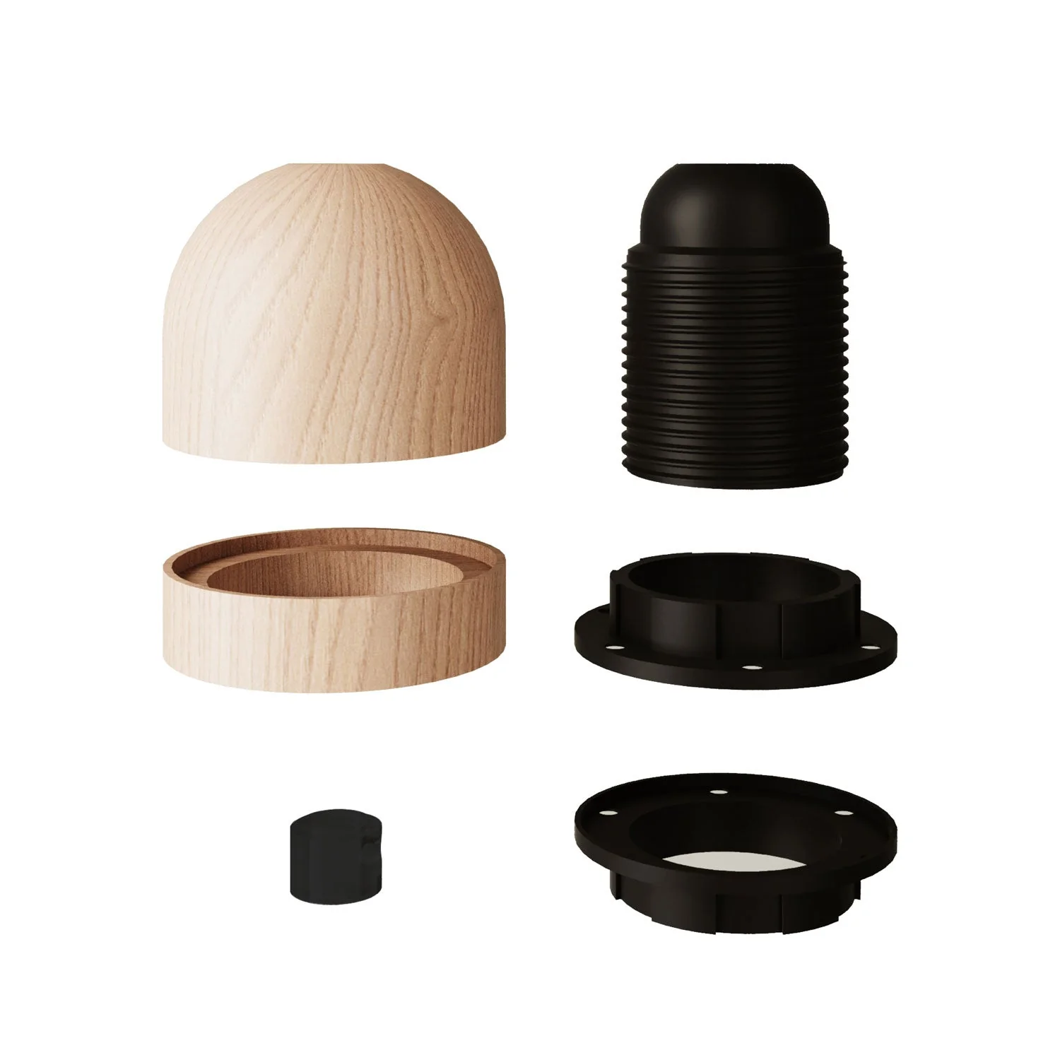 Threaded semi-spherical E27 lamp holder kit in wood with hidden cable clamp and lampshade ring - Neutral - Image 2