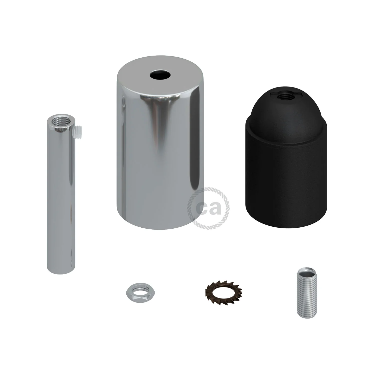 Cylindrical E27 lamp holder kit in metal with 7 cm cable clamp - Chrome - Image 2