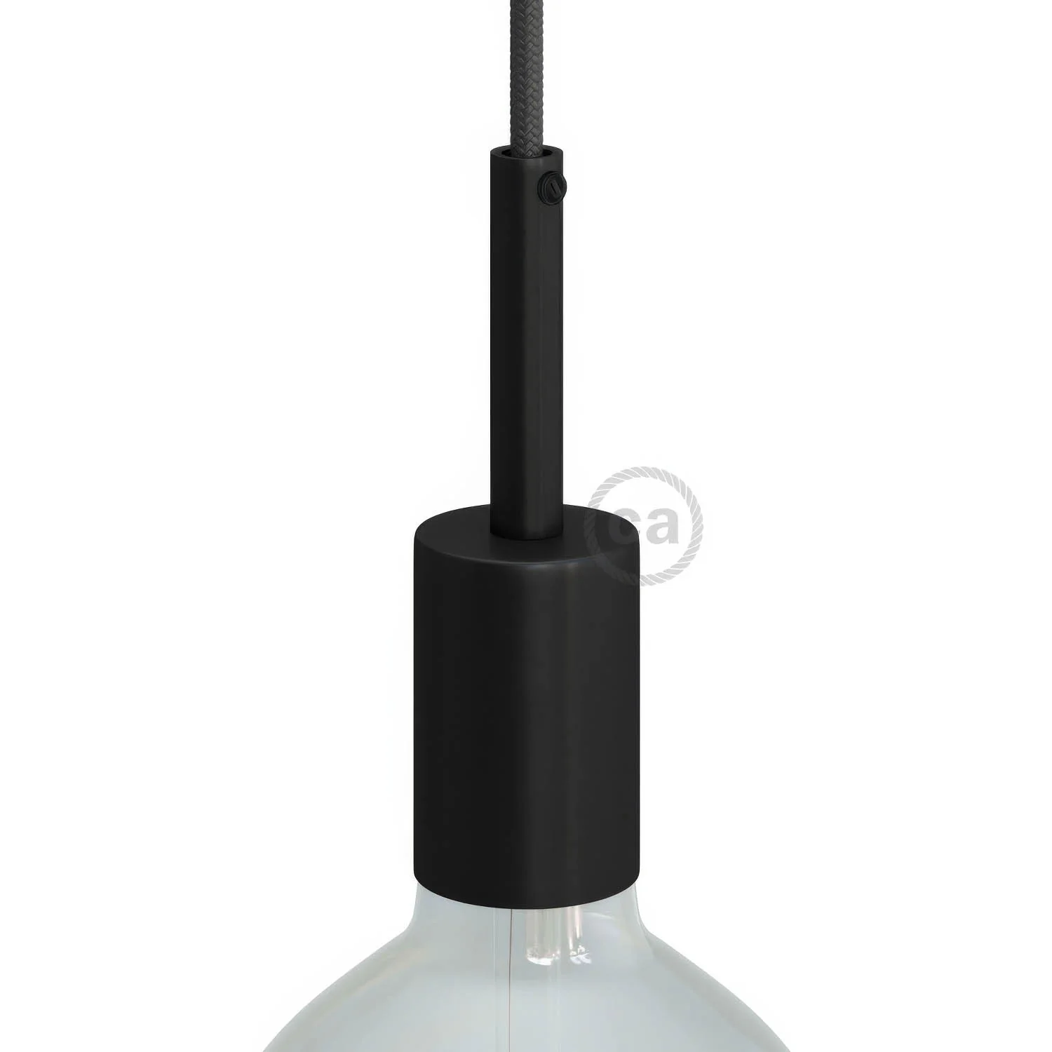 Cylindrical E27 lamp holder kit in metal with 7 cm cable clamp - Black