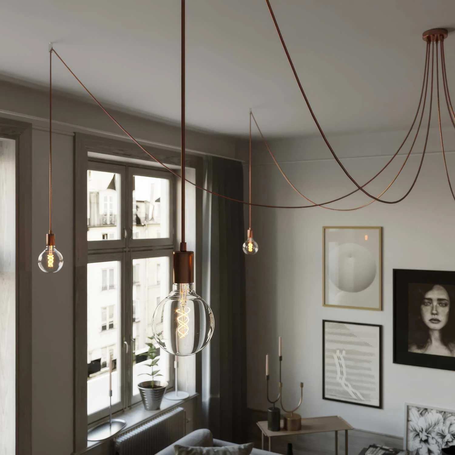 Spider - Multiple pendant lamp with 6 drops and metal finishes - Copper - Image 2