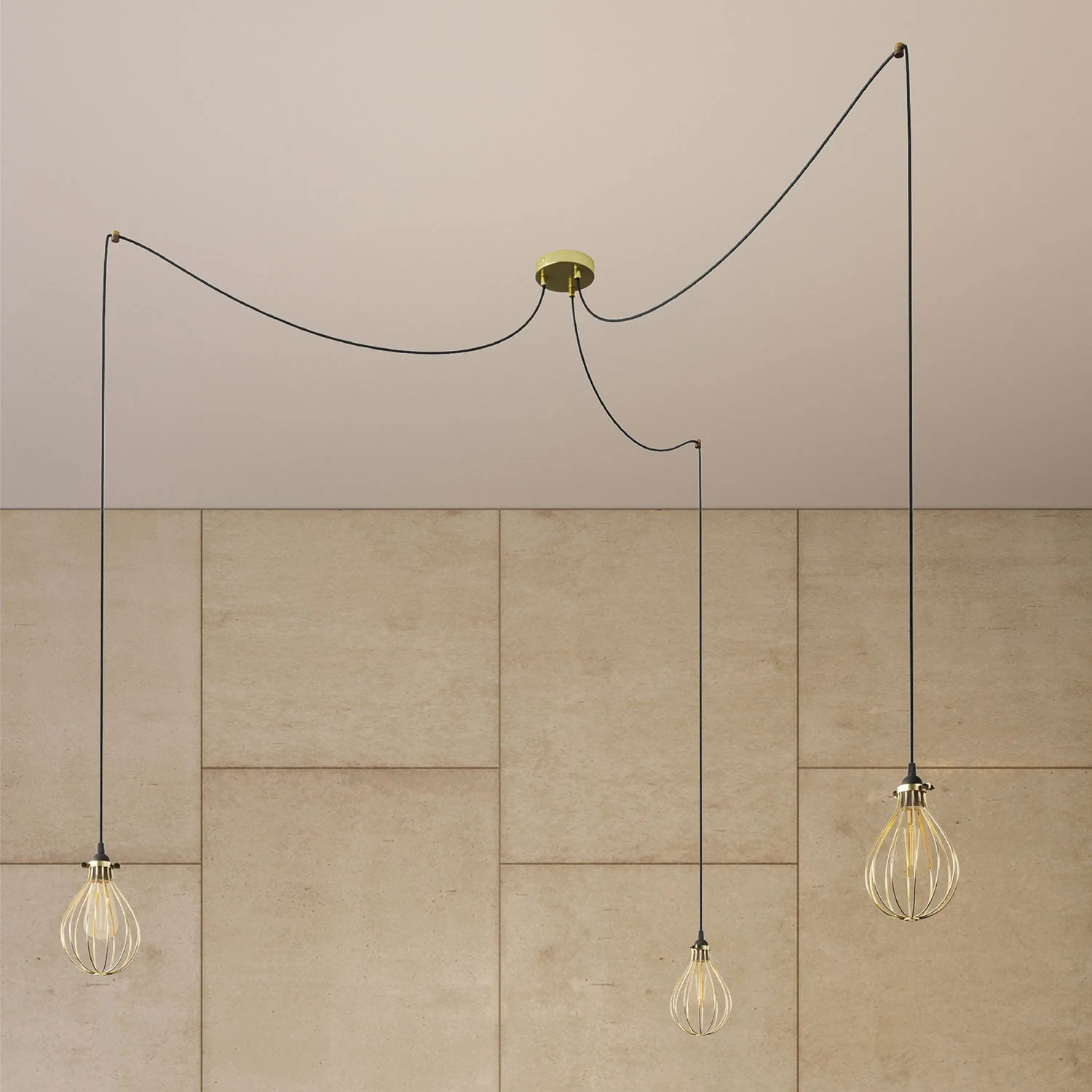 Spider - Multi-drop pendant lamp with 3 drops and Drop lampshade - Brass - Image 3