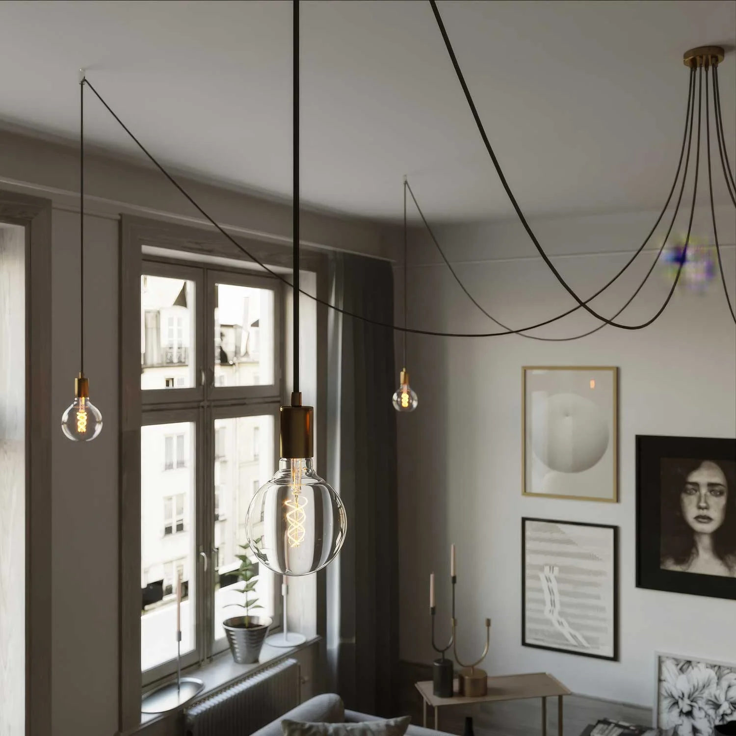 Spider - Multiple pendant lamp with 6 drops and metal finishes - Brass - Image 2