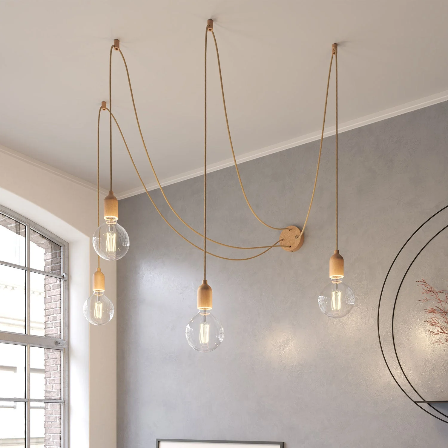 Spider - Multiple pendant lamp with 4 drops and wooden finishes - Neutral - Image 2