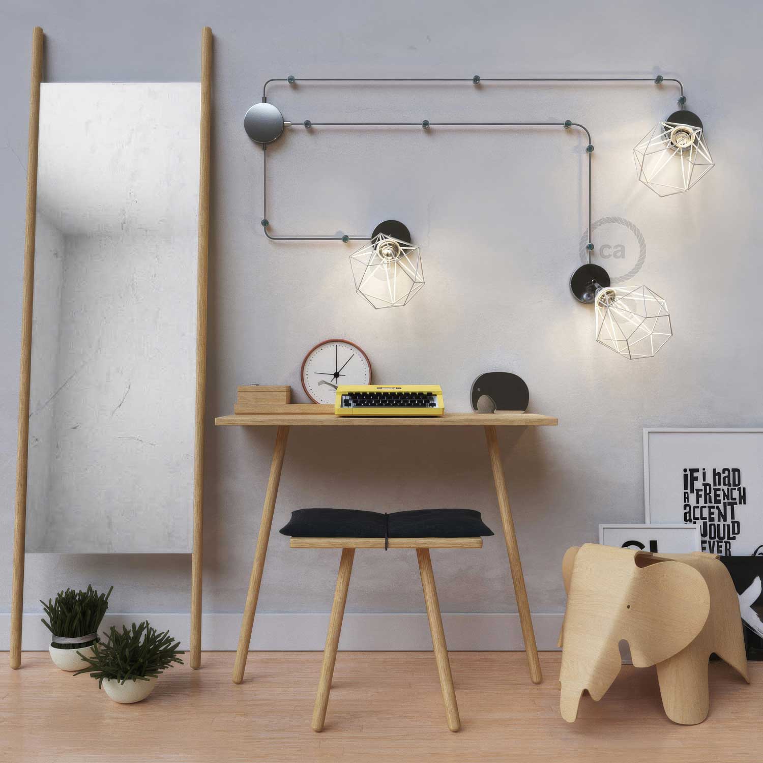 Spostaluce Metal 90° adjustable, complete with E27 threaded lamp holder, fabric cable and side holes - Chrome - Image 2