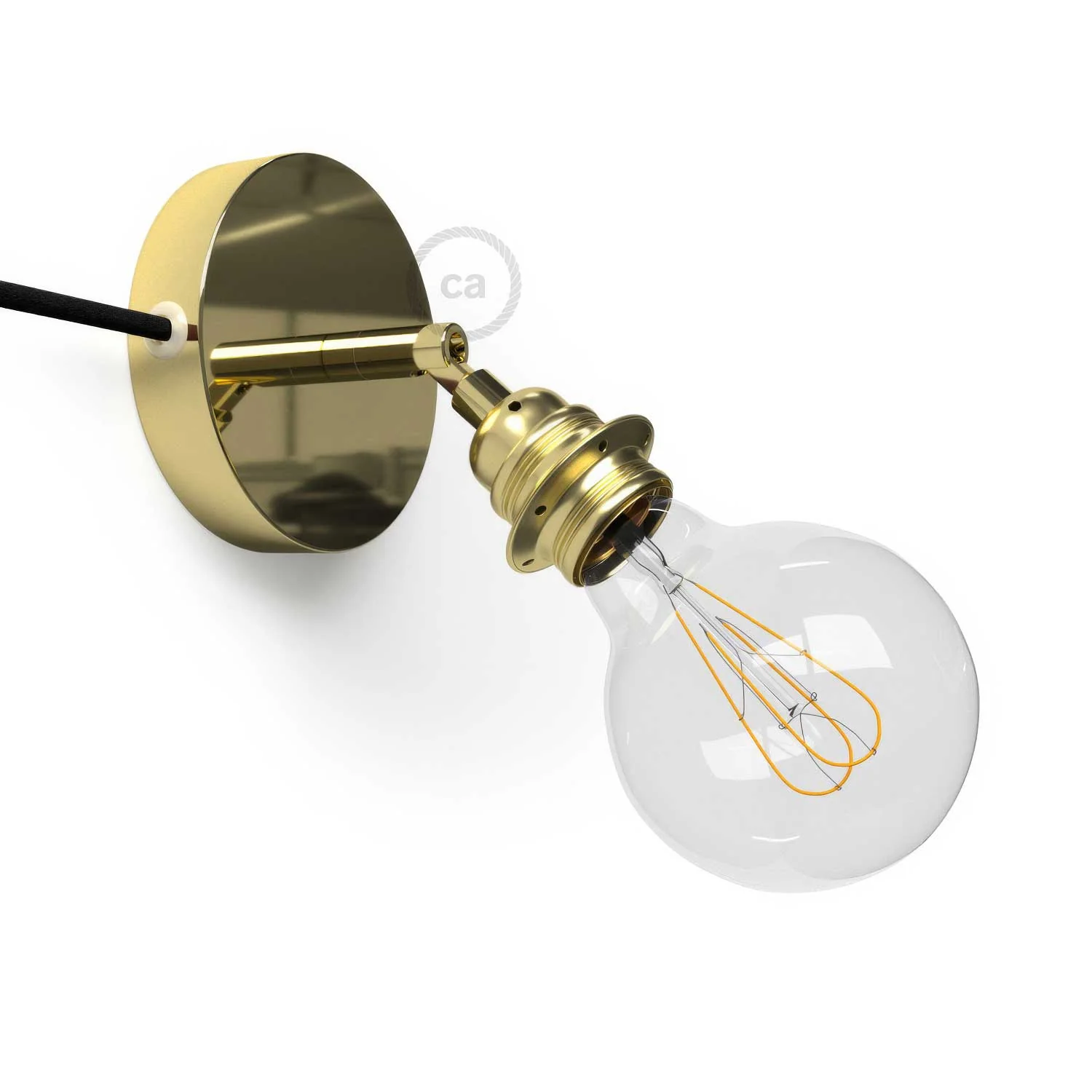 Spostaluce Metal 90° adjustable, complete with threaded E27 lamp holder, fabric cable and side holes - Brass