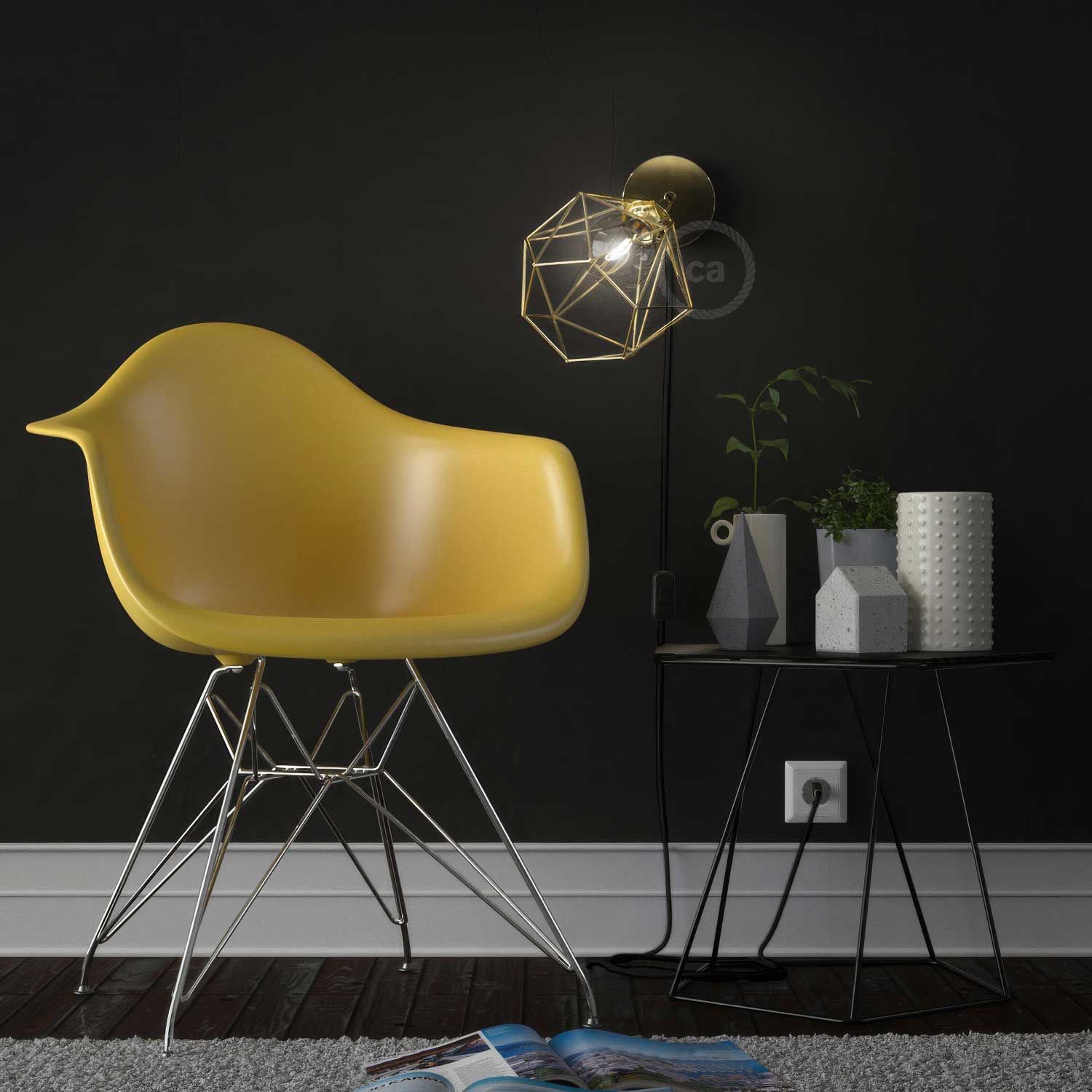 Spostaluce Metal 90° adjustable, complete with threaded E27 lamp holder, fabric cable and side holes - Brass - Image 3