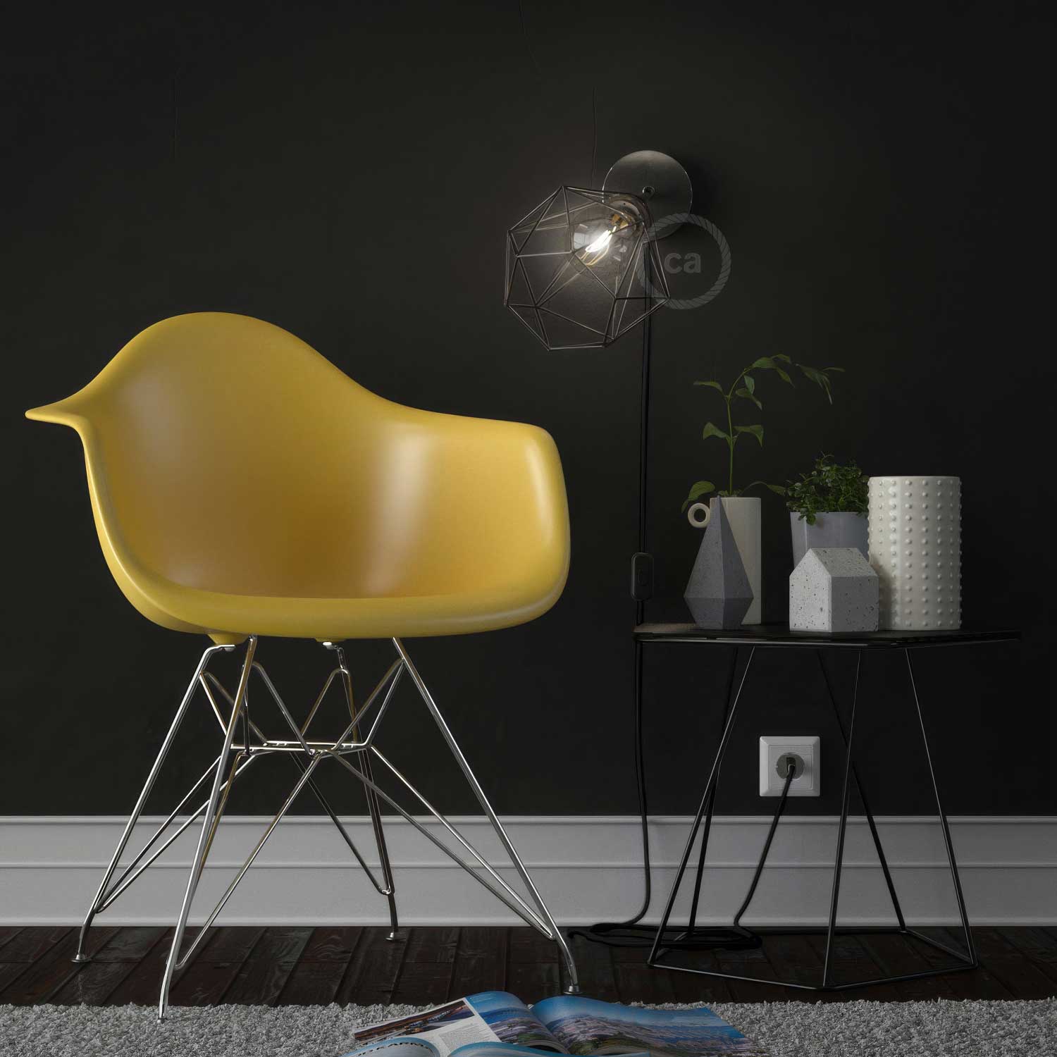 Spostaluce Metal 90° adjustable, complete with threaded E27 lamp holder, fabric cable and side holes - Pearl black - Image 3