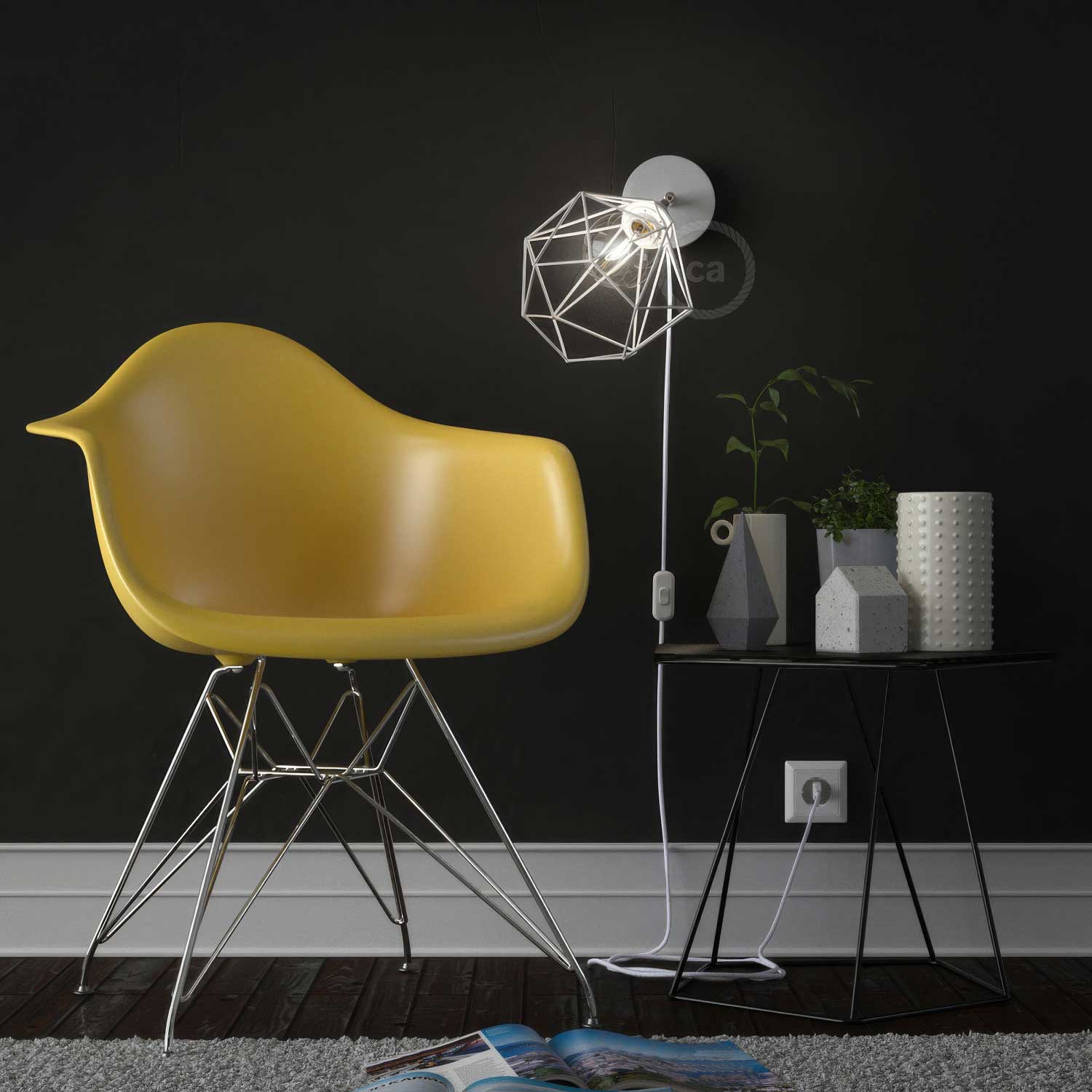 Spostaluce Metal 90° adjustable, complete with E27 threaded lamp holder, fabric cable and side holes - White - Image 3